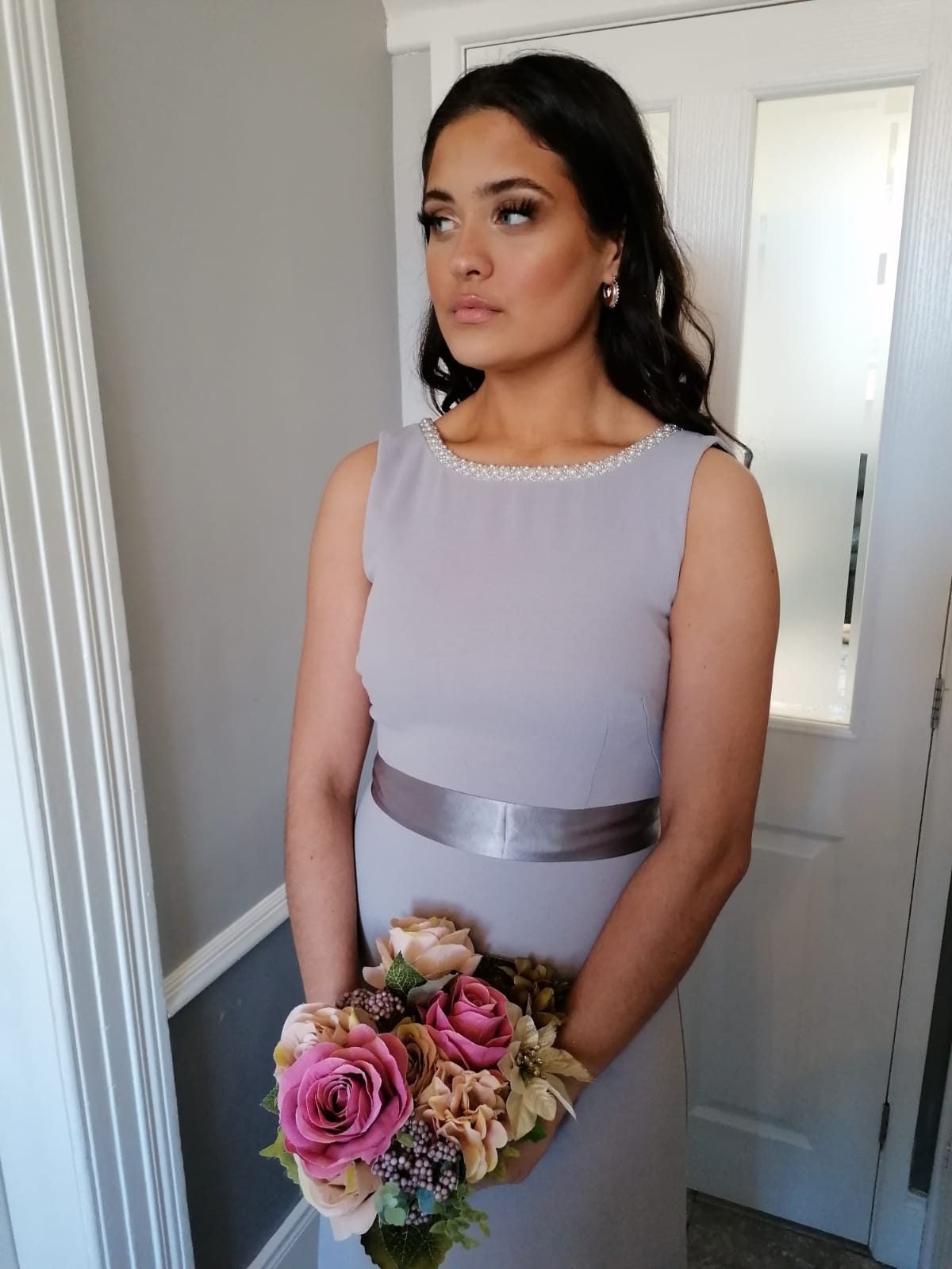 Sienna Silver Dove Grey Pearl Neck And Belt Plain & Elegant Bridesmaids Dress