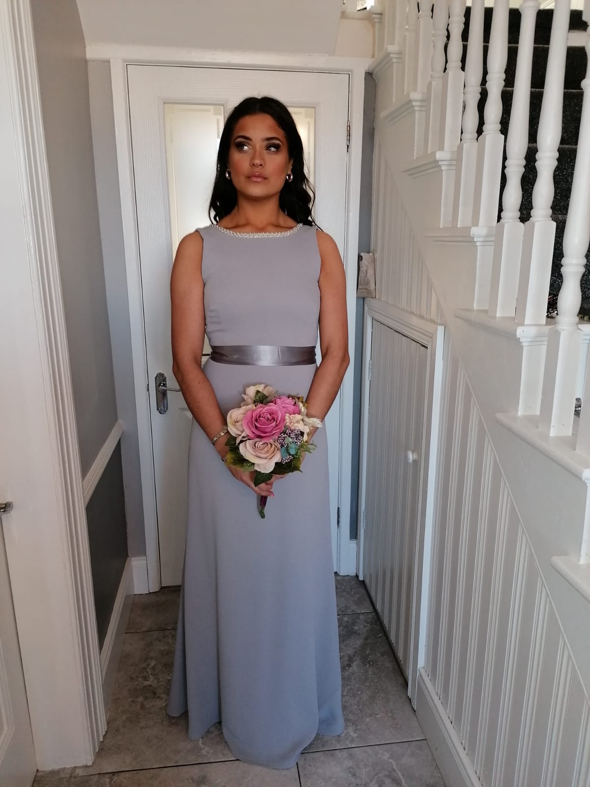 Sienna Silver Dove Grey Pearl Neck And Belt Plain & Elegant Bridesmaids Dress