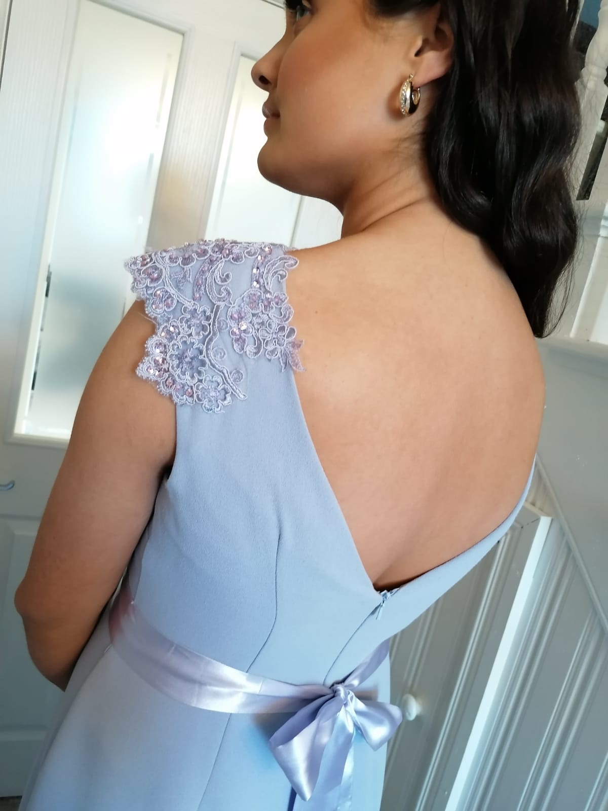 Lena Cornflower Lilac Blue Laced Shoulder Cap Bridesmaids Dress