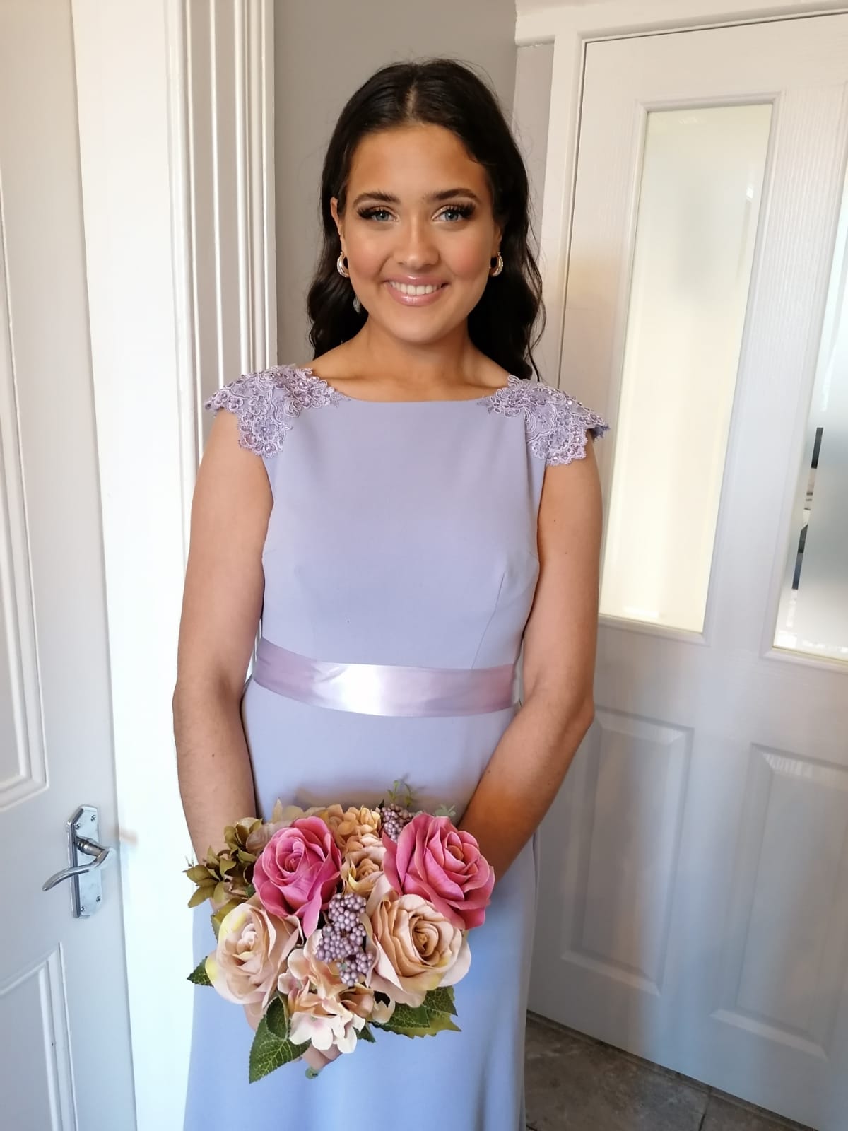 Lena Cornflower Lilac Blue Laced Shoulder Cap Bridesmaids Dress