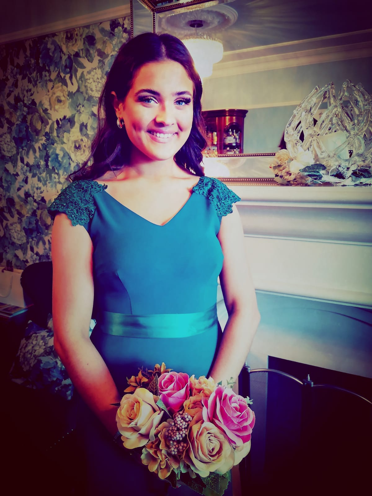 Caroline Teal Blue V Neck Laced Shoulder Cap Bridesmaids Dress