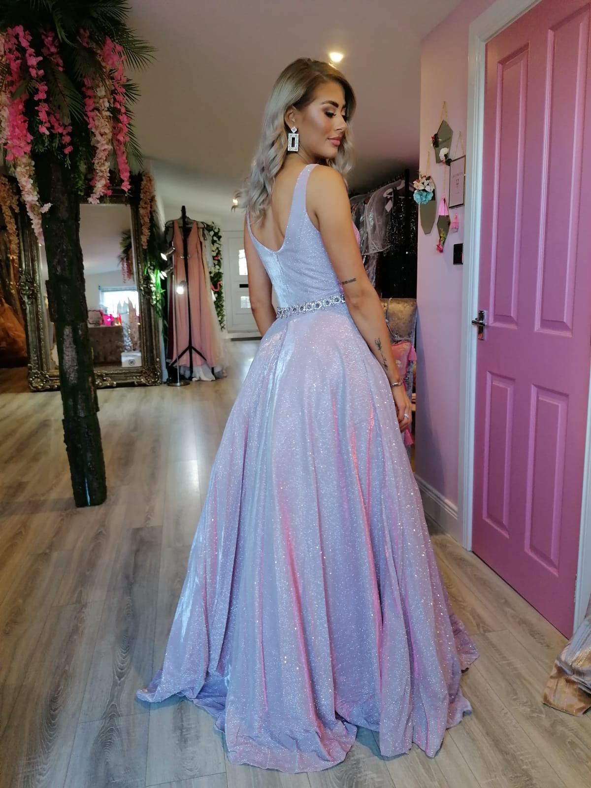Leona Pink Sparkle Glitter Plunge Neck Ball gown Formal Prom Dress