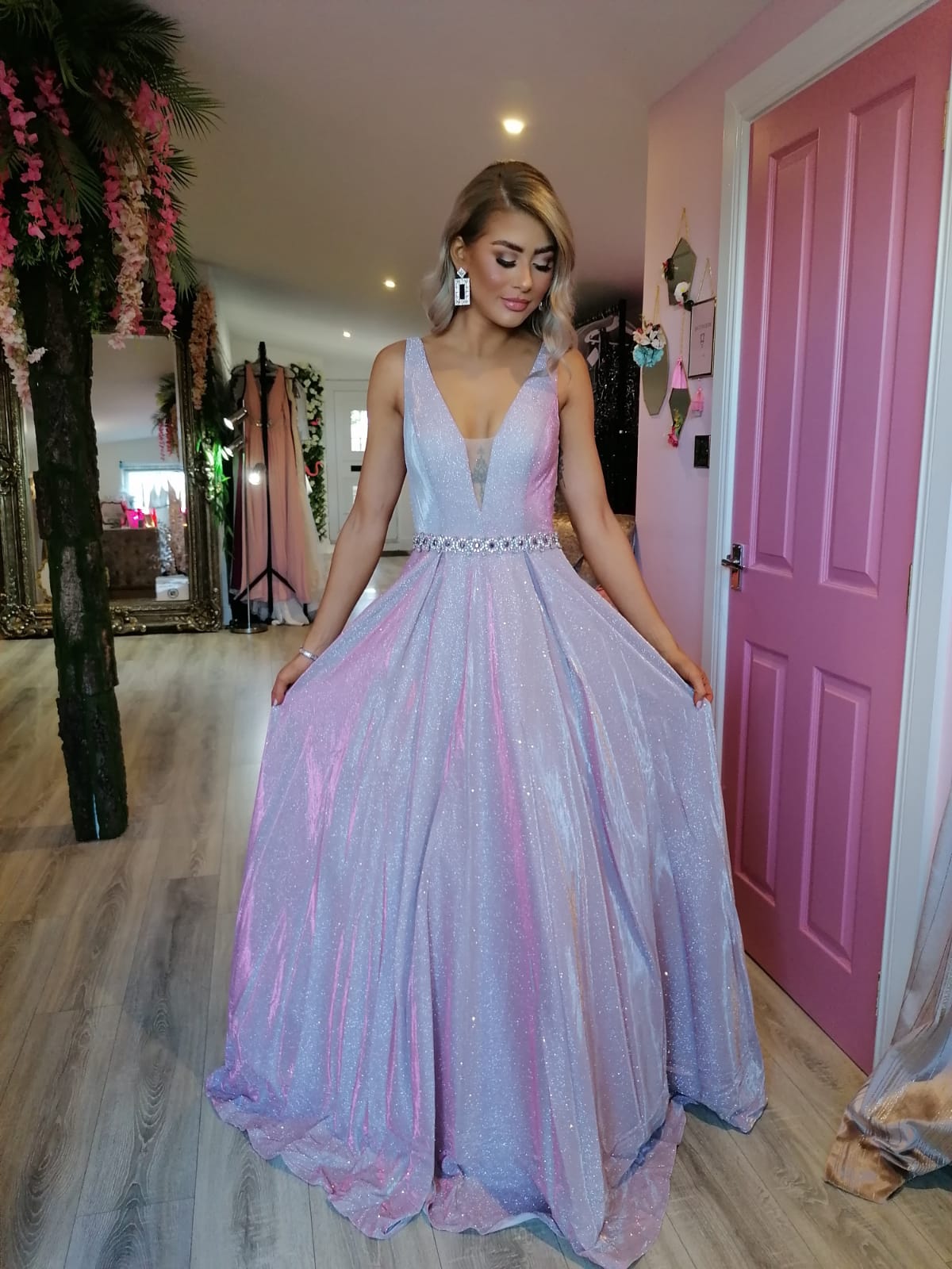 Leona Pink Sparkle Glitter Plunge Neck Ball gown Formal Prom Dress