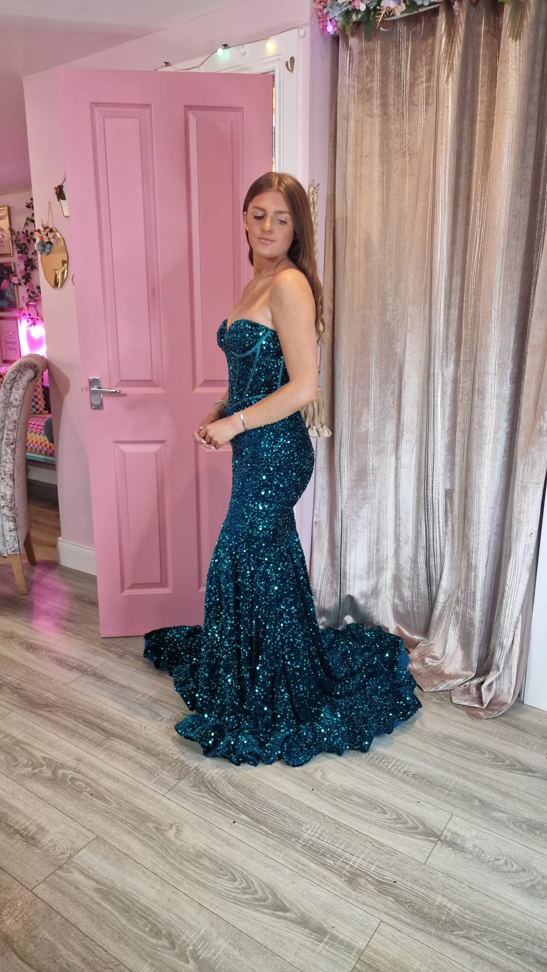 Poppy Teal Green Sequin Corset Strapless With Low Back Formal Prom Dress