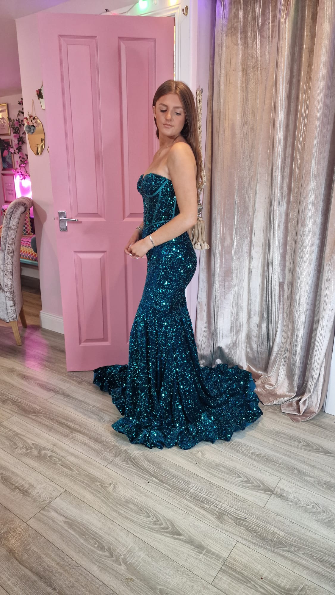 Poppy Teal Green Sequin Corset Strapless With Low Back Formal Prom Dress