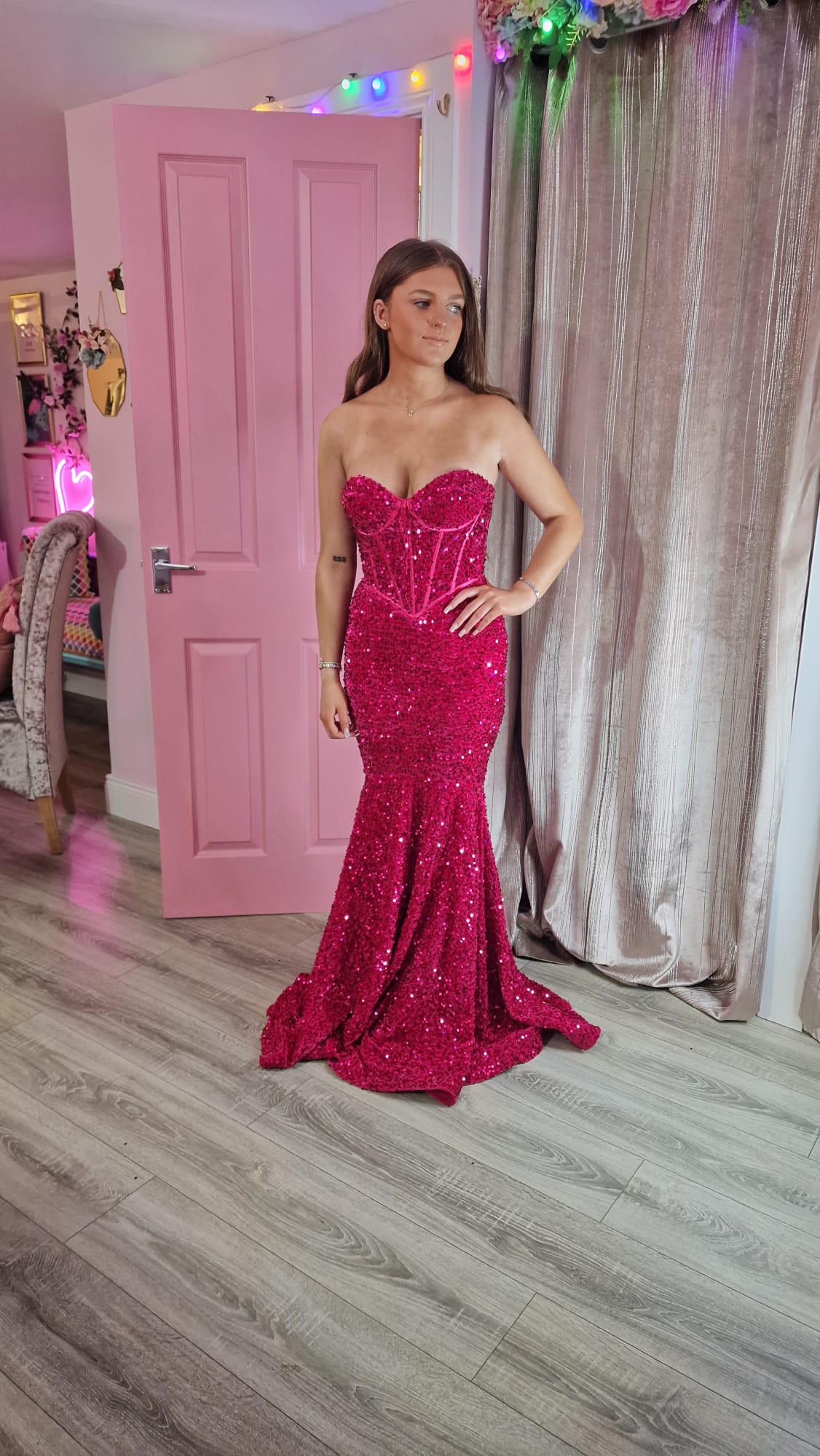 Poppy Cranberry Sequin Corset Strapless With Low Back Formal Prom Dress