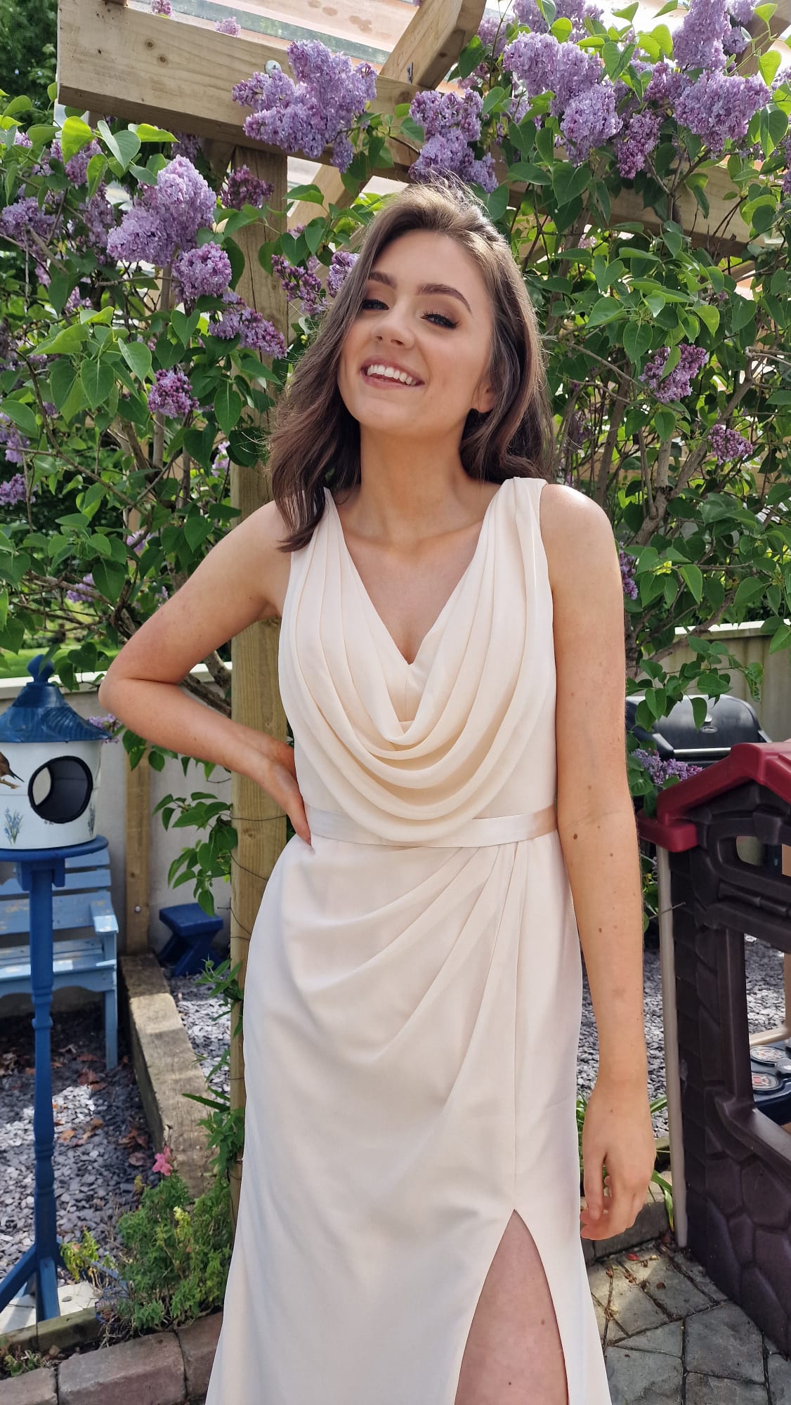 Elsie Champagne Ivory Chiffon Cowl Neck With Satin Band And Leg Split Sample Bridesmaids Dress