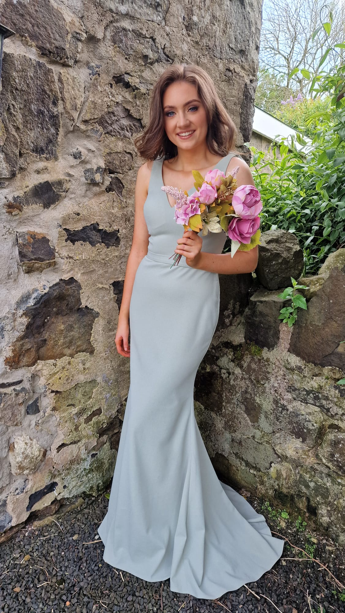 Ivy Sage Green V Neck Fitted Bridesmaids Dress