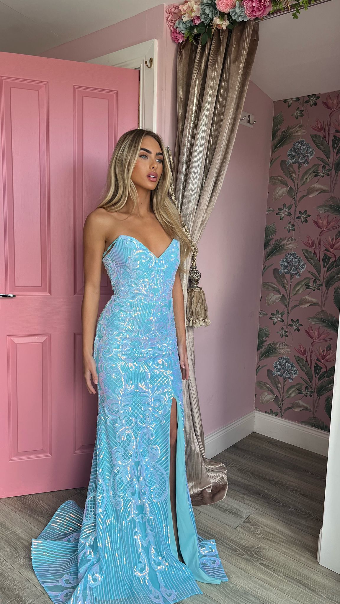 Karina Baby Blue Cross Strap Leg Split Formal Prom Dress