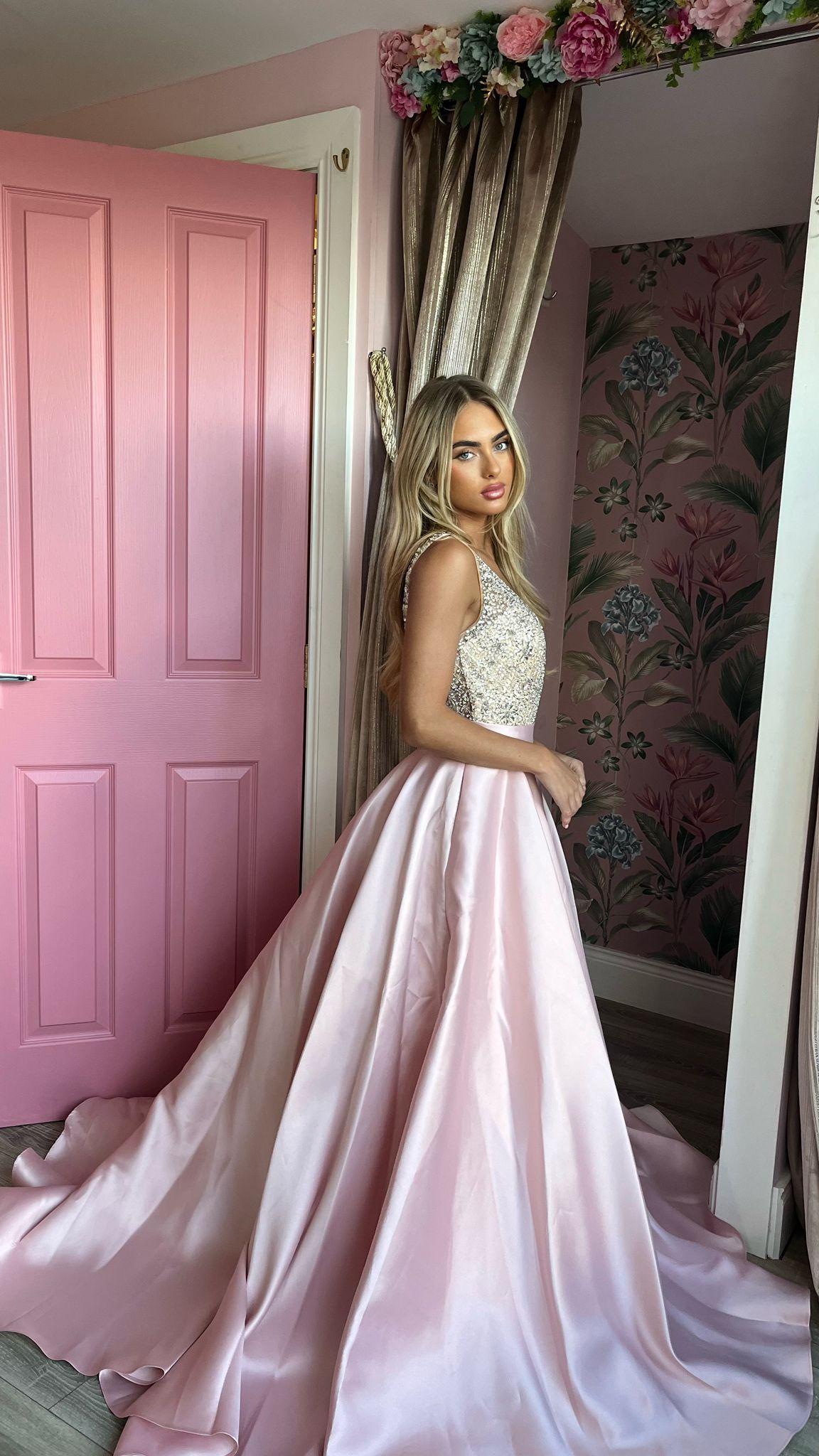 Charlotte Blush Pink Embellished Plunge Neck Silk Ballgown Formal Prom Dress