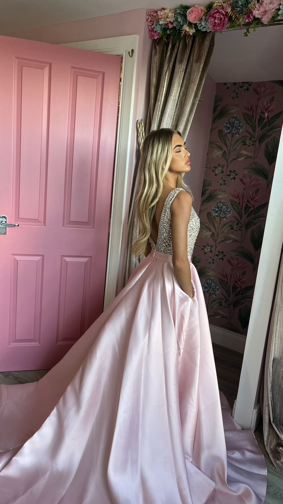 Charlotte Blush Pink Embellished Plunge Neck Silk Ballgown Formal Prom Dress