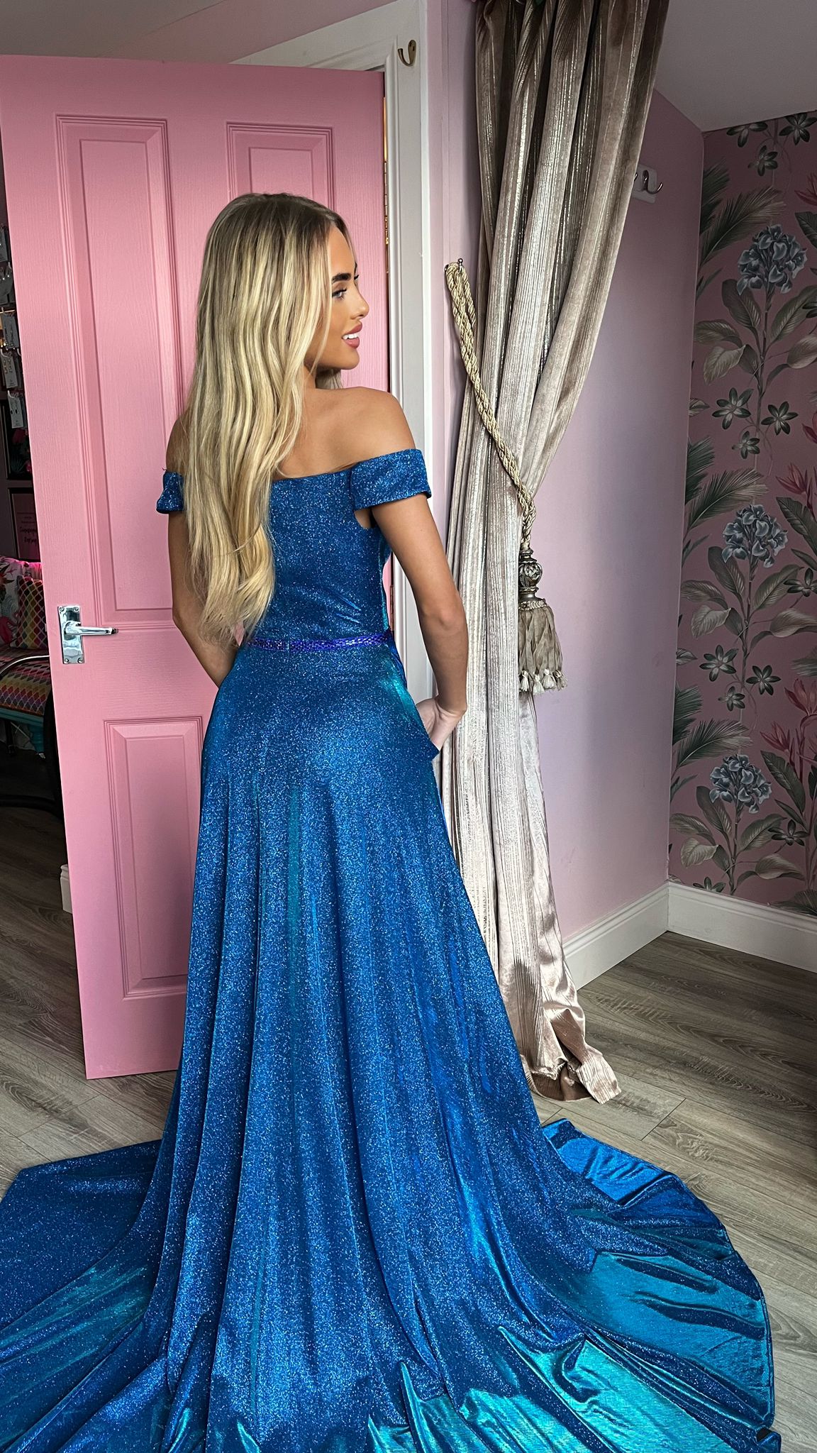 Ezra Blue Off The Shoulder High Leg Split Formal Prom Dress