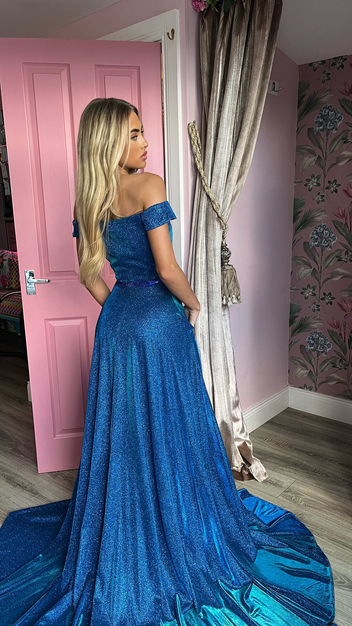 Ezra Blue Off The Shoulder High Leg Split Formal Prom Dress