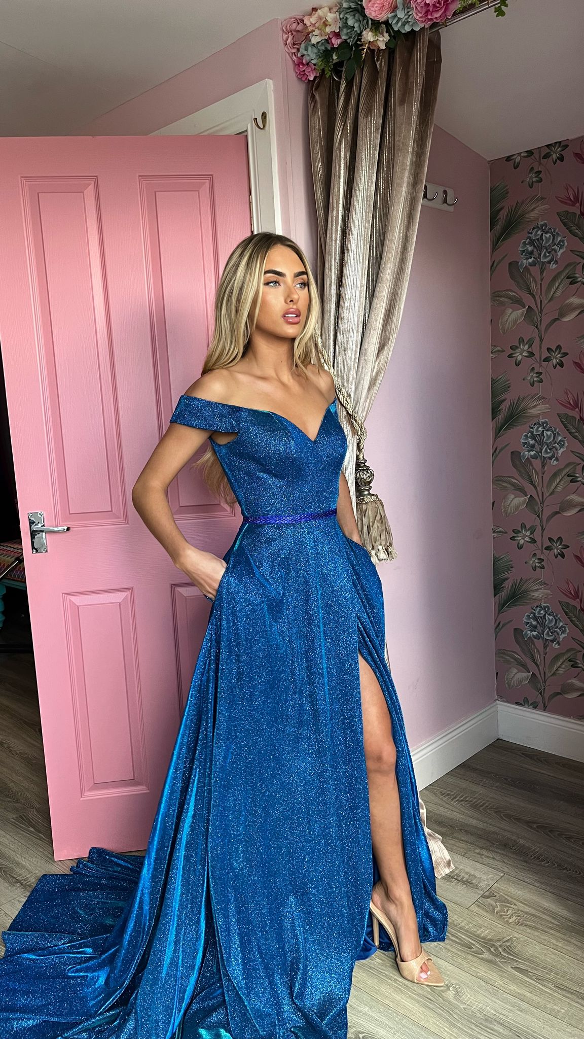 Ezra Blue Off The Shoulder High Leg Split Formal Prom Dress