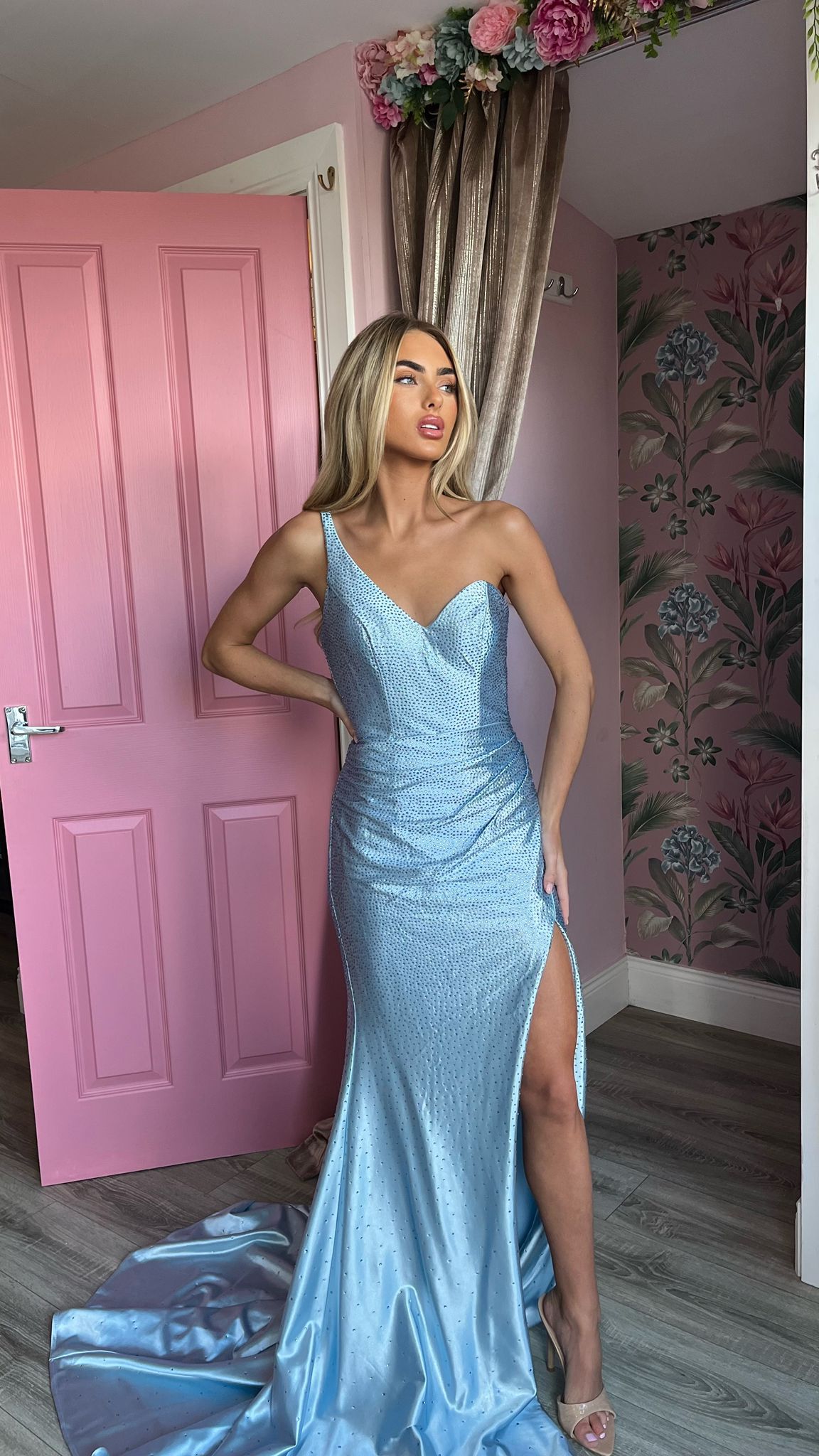 Azaria Baby Blue One Shoulder Leg Split Formal Prom Dress