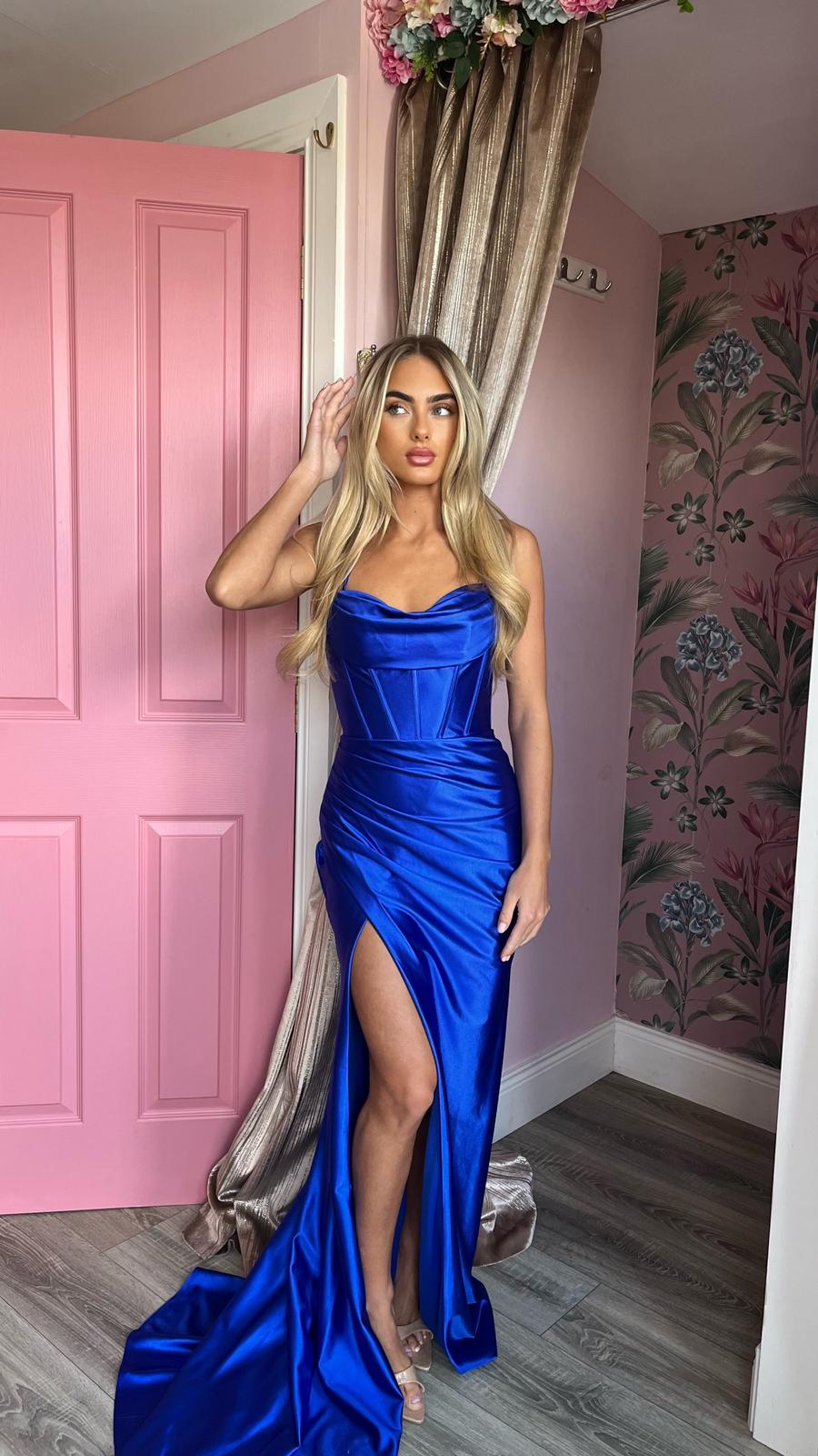 Amora Royal Blue Thigh Split Formal Prom Dress