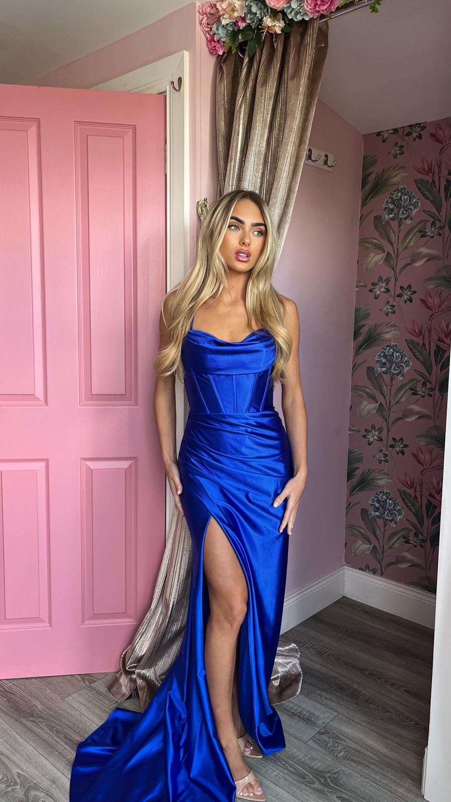 Amora Royal Blue Thigh Split Formal Prom Dress