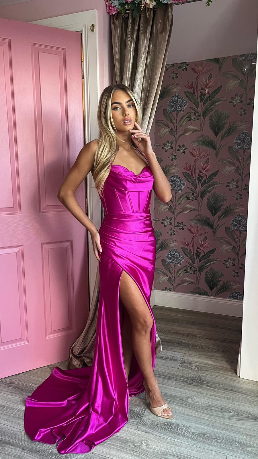 Amora Hot Pink Thigh Split Formal Prom Dress