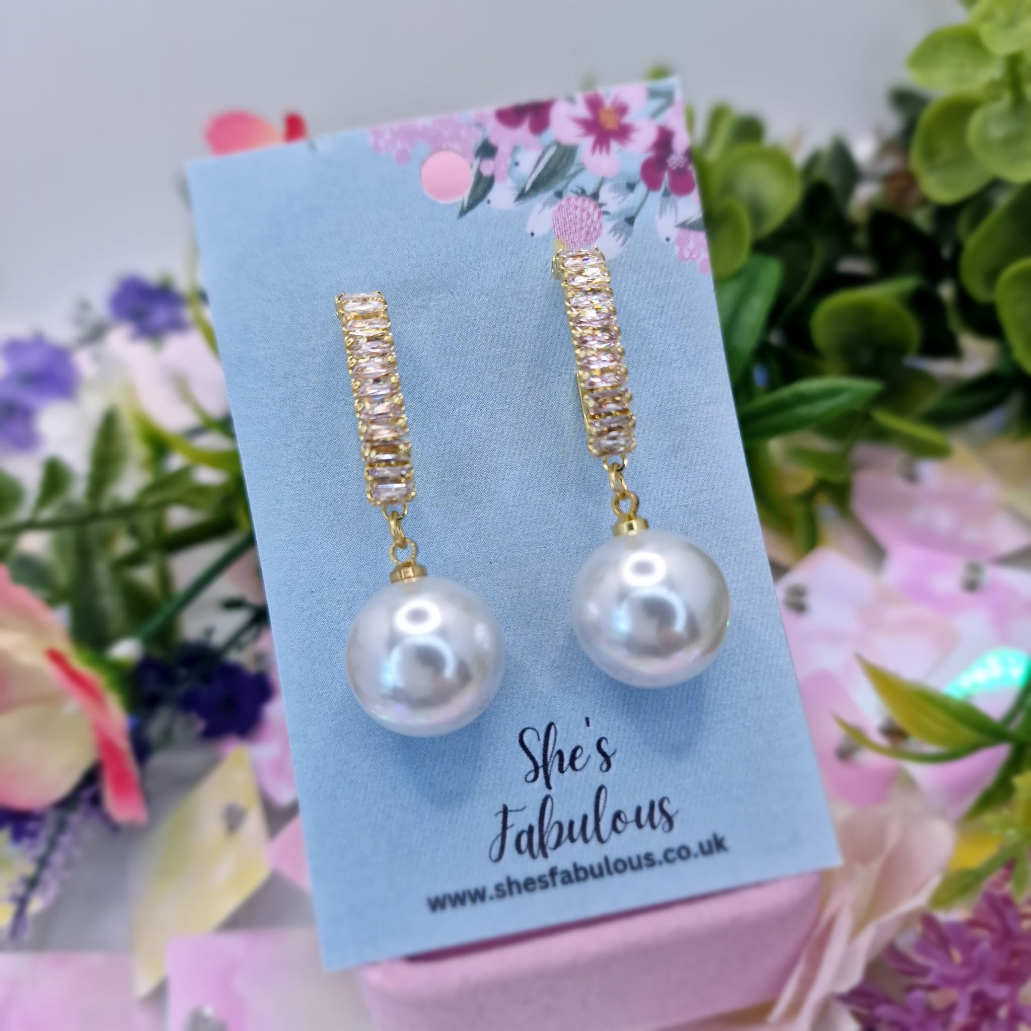 Ellen Gold Bagette Crystal And Pearl Drop Earring