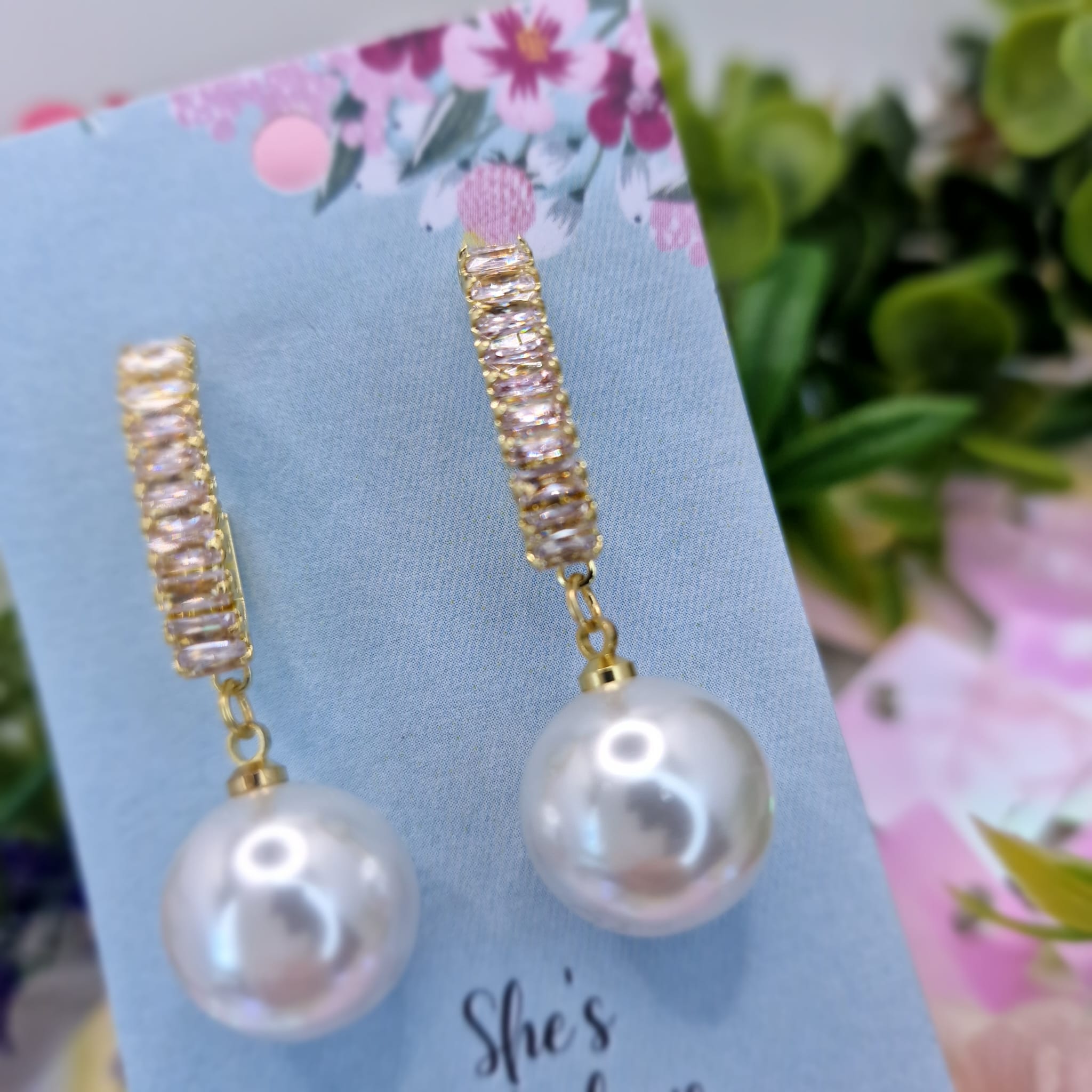 Ellen Gold Bagette Crystal And Pearl Drop Earring