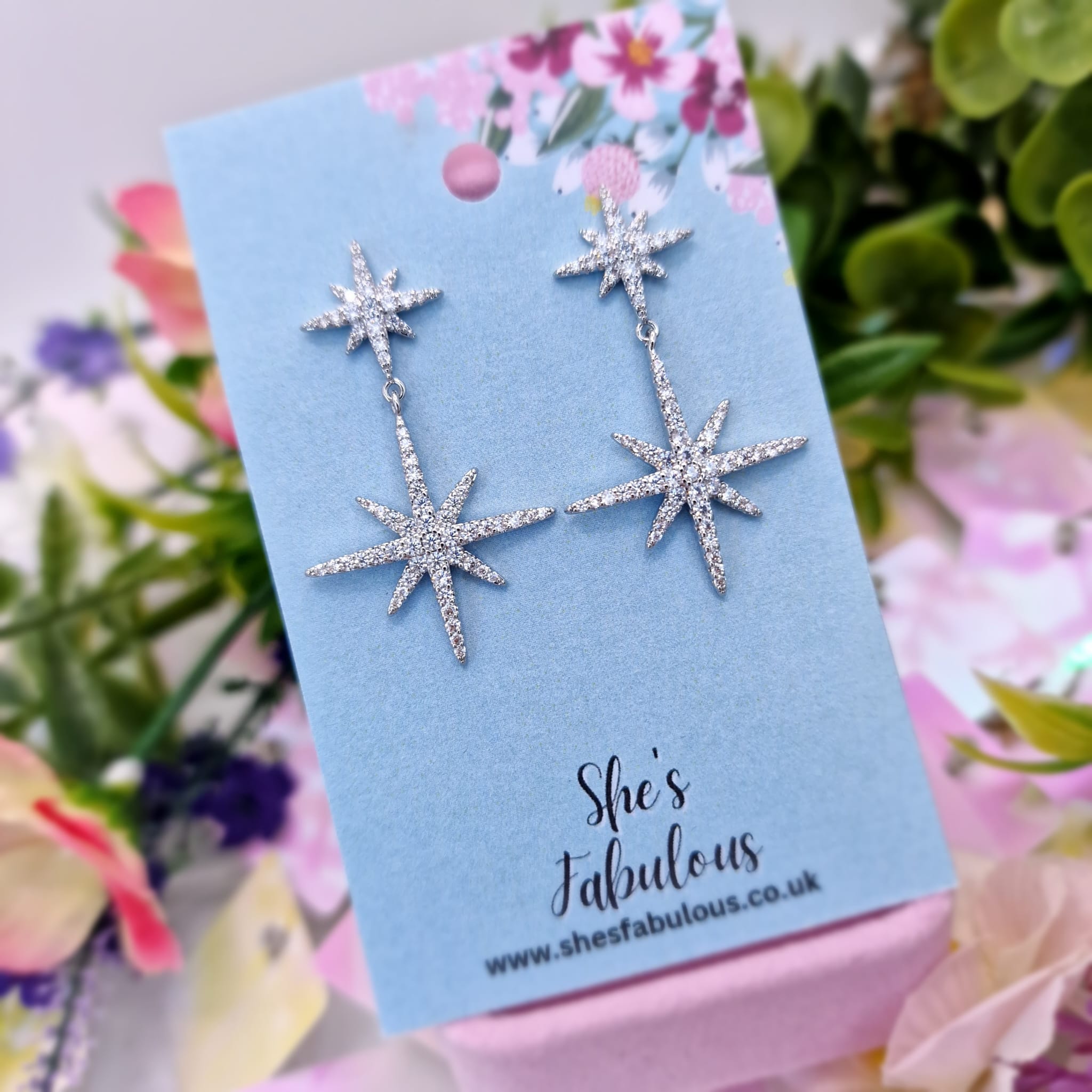 Elvira Silver Star Drop Rhinestone Crystal Earrings