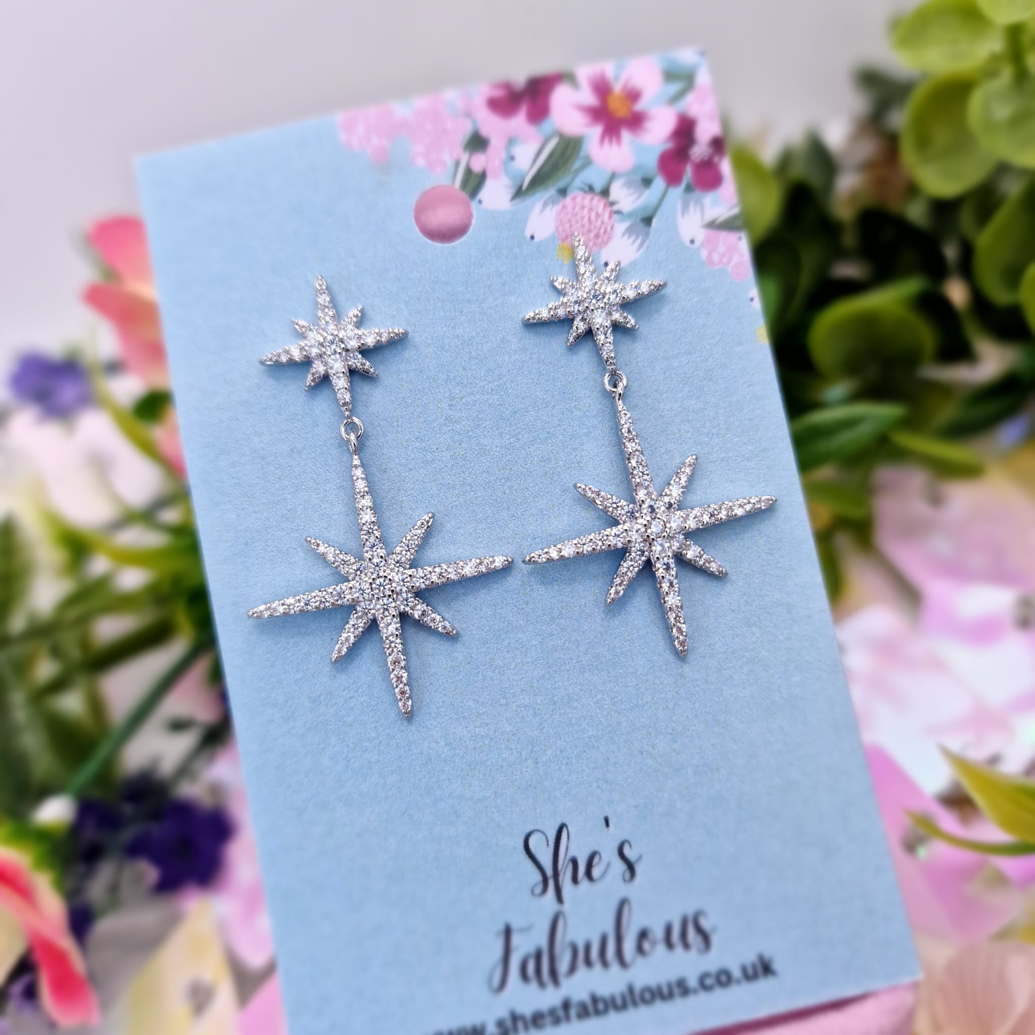 Elvira Silver Star Drop Rhinestone Crystal Earrings