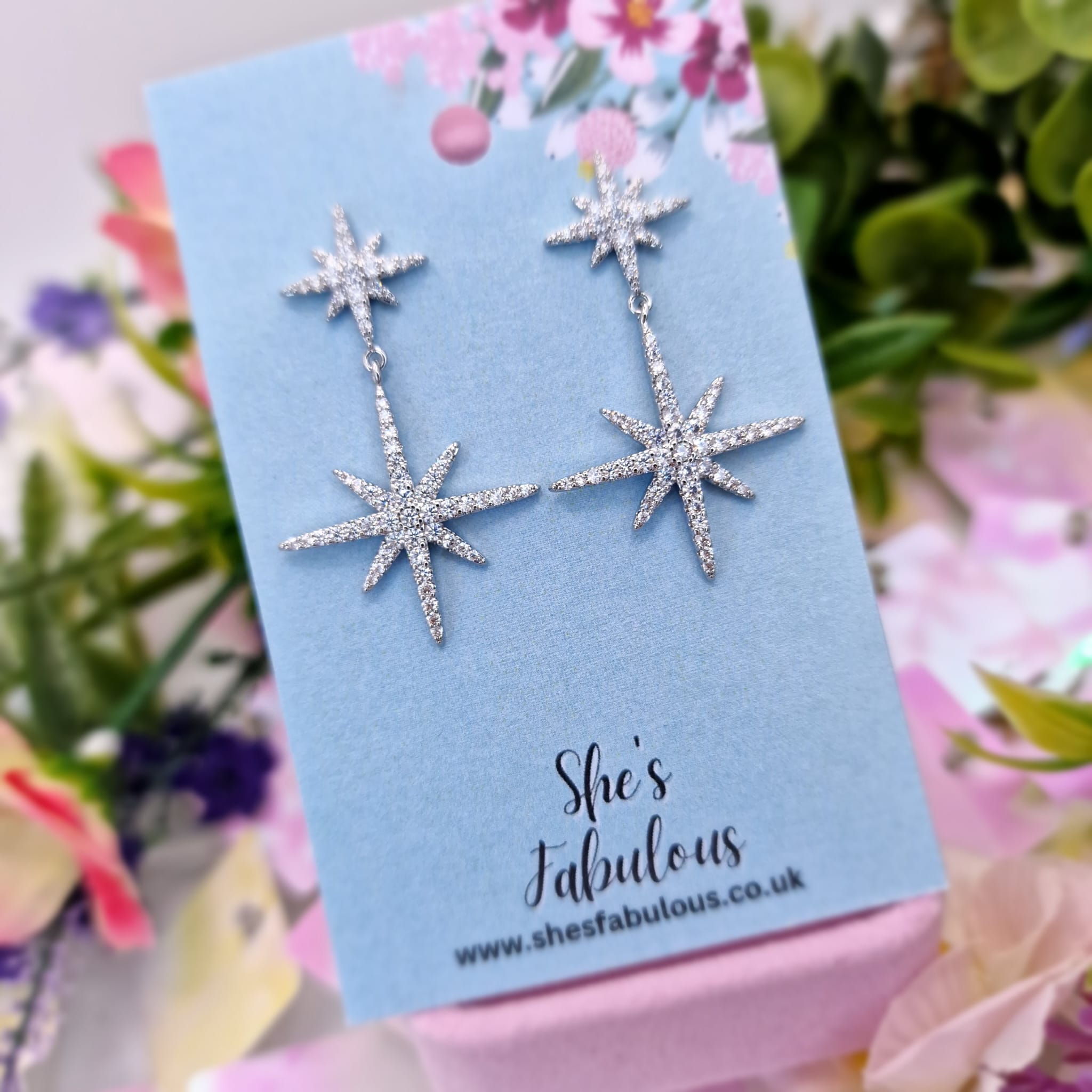 Elvira Silver Star Drop Rhinestone Crystal Earrings