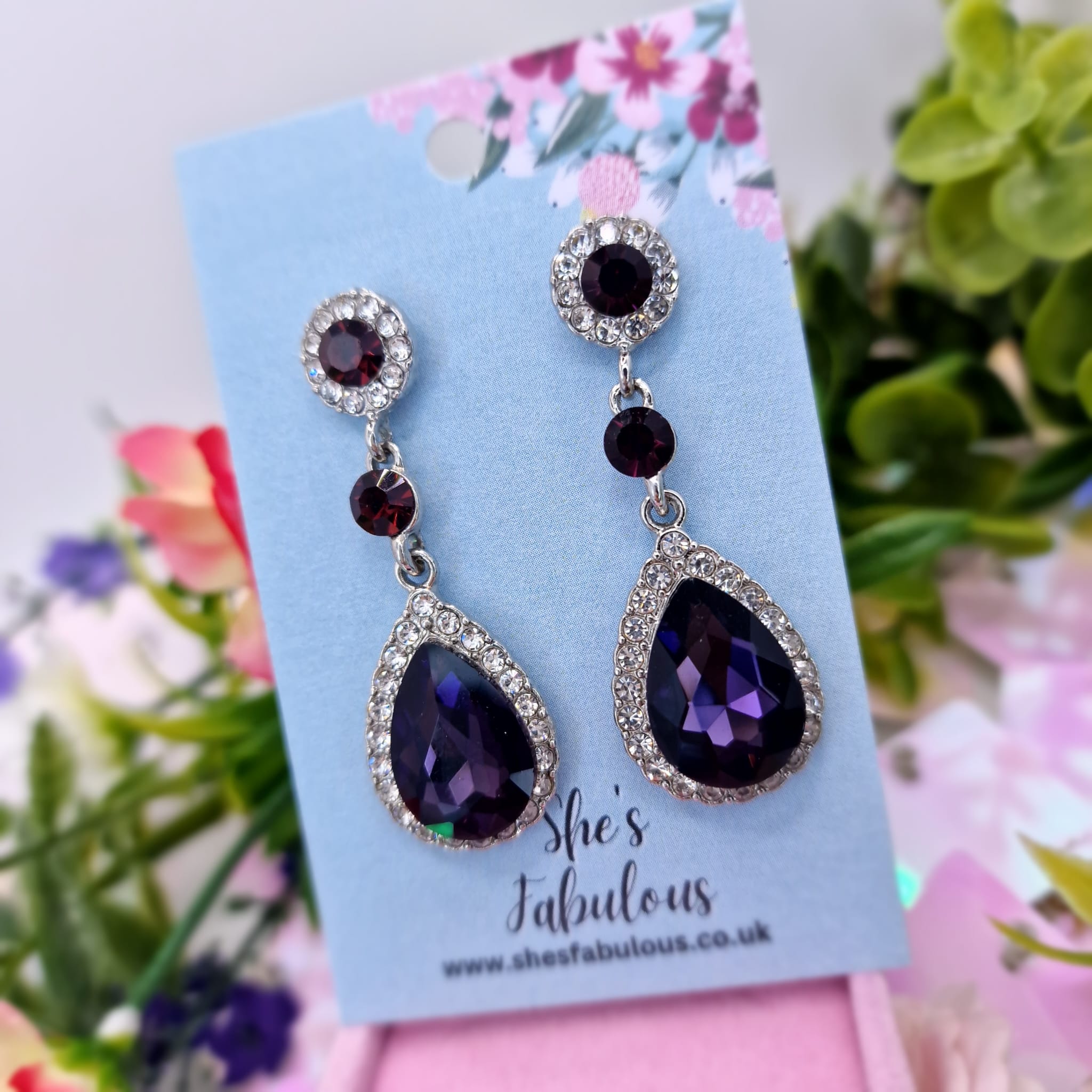 Everley Red And Purple Diamond Drop Earrings