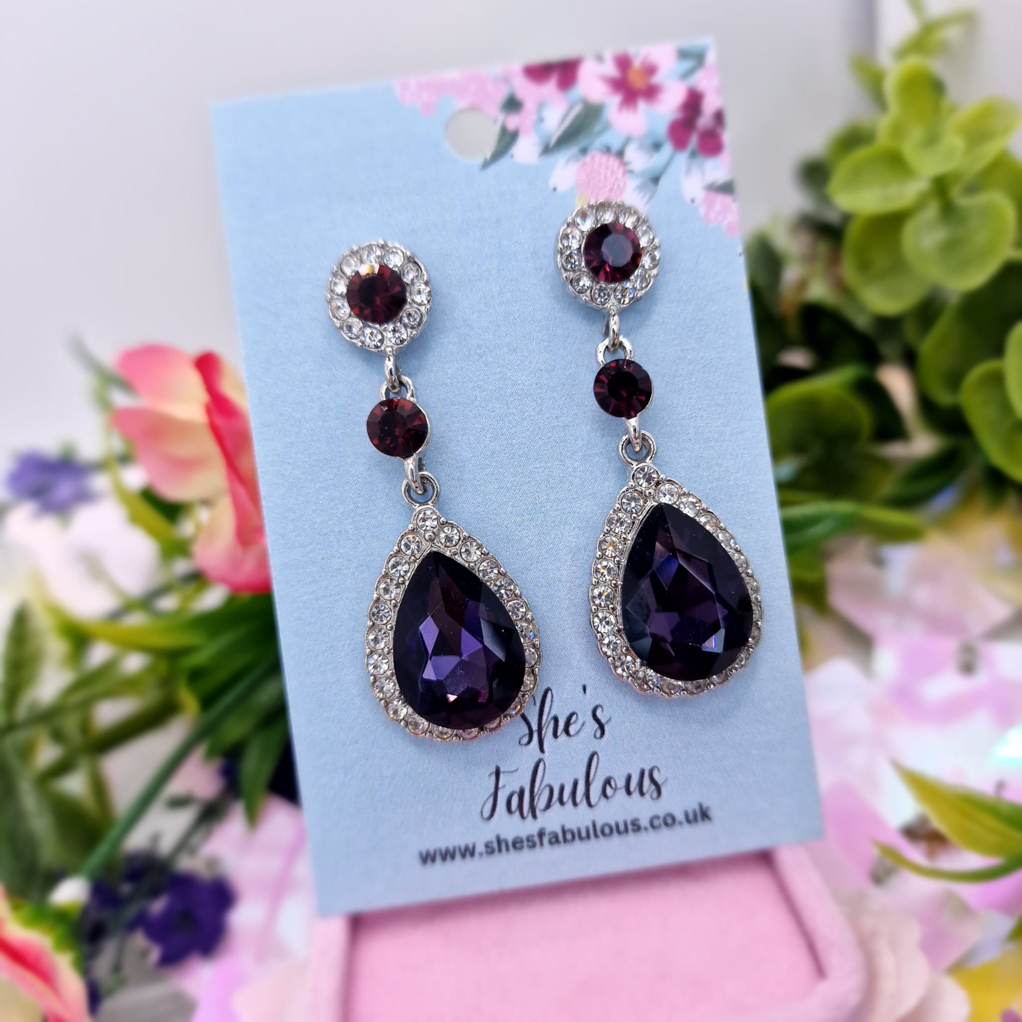Everley Red And Purple Diamond Drop Earrings