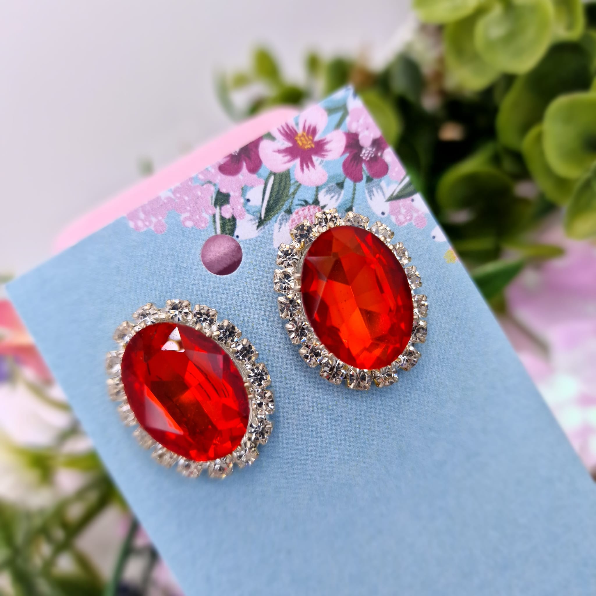 Enya Red Oval Crystal Earrings