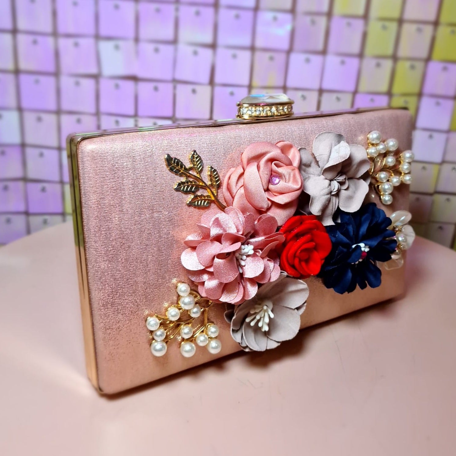 3D Floral Pink Clutch Handbag