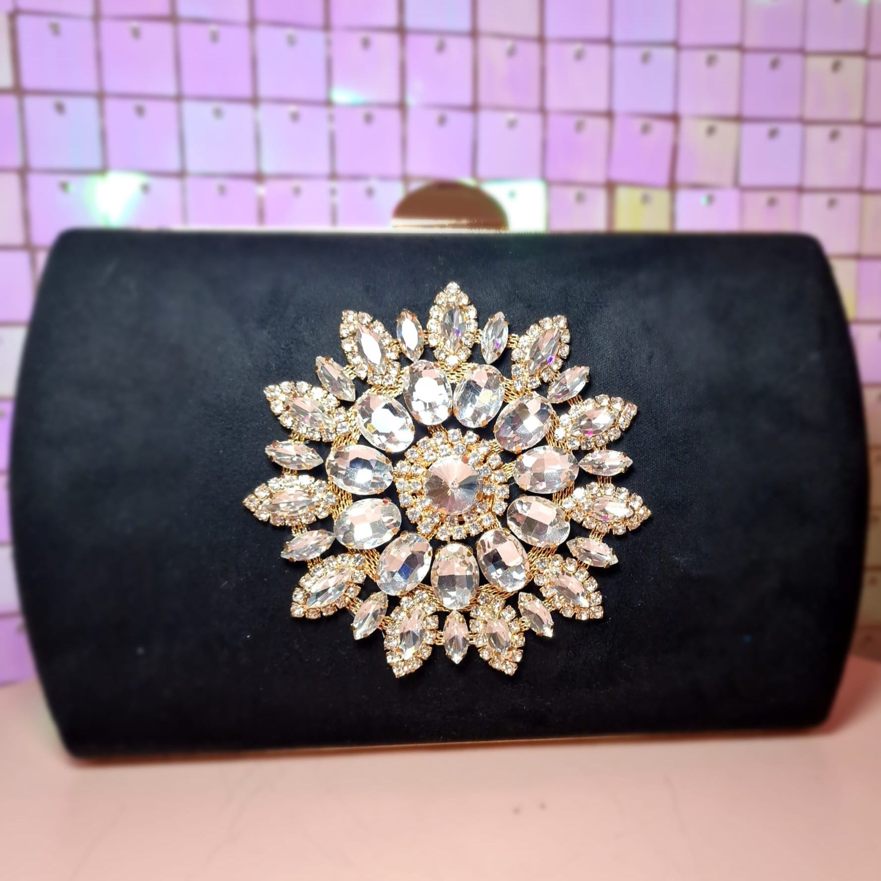 Round Floral Black Clutch Handbag