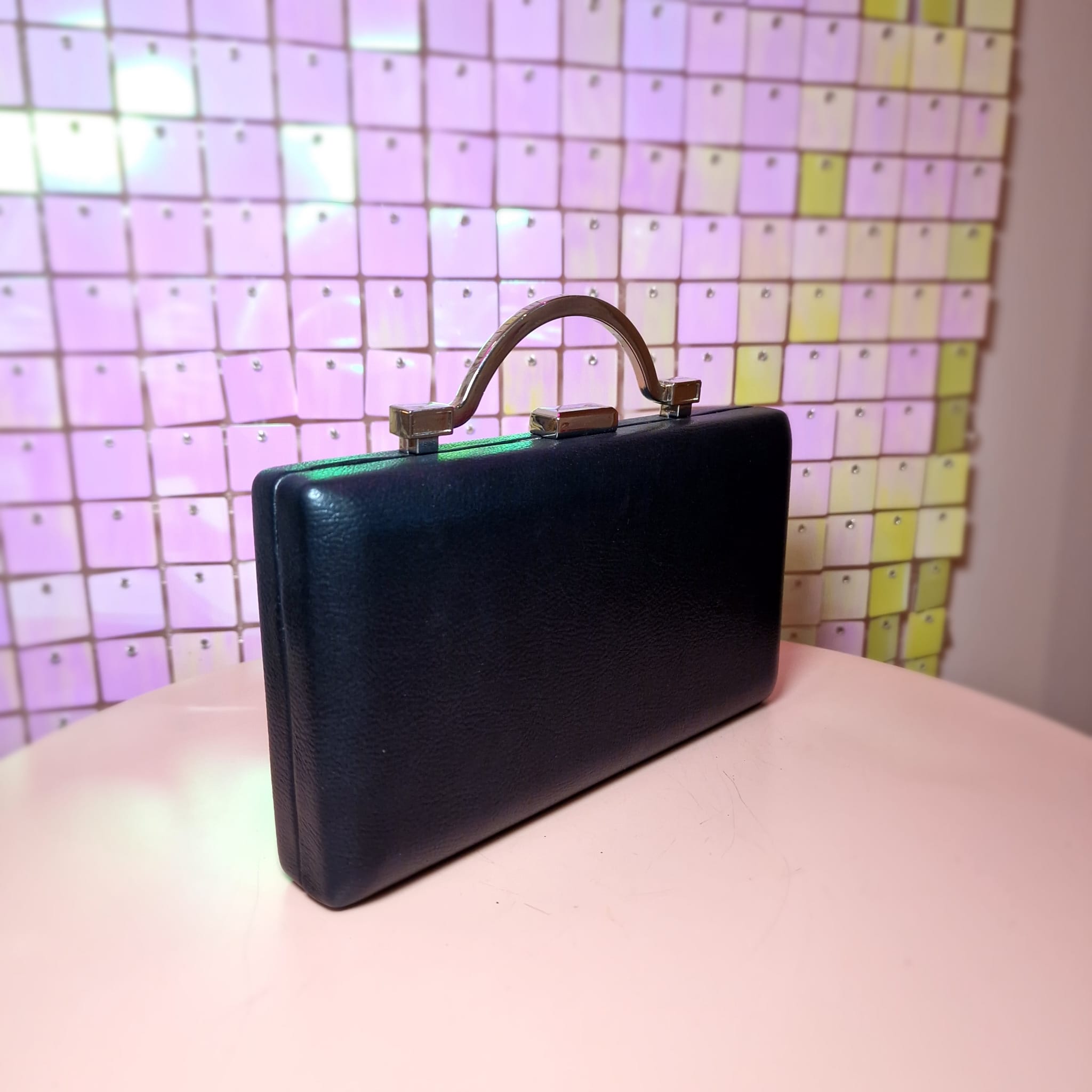 Imogen Matt Patent Black Clutch Bag With Chrome Handle