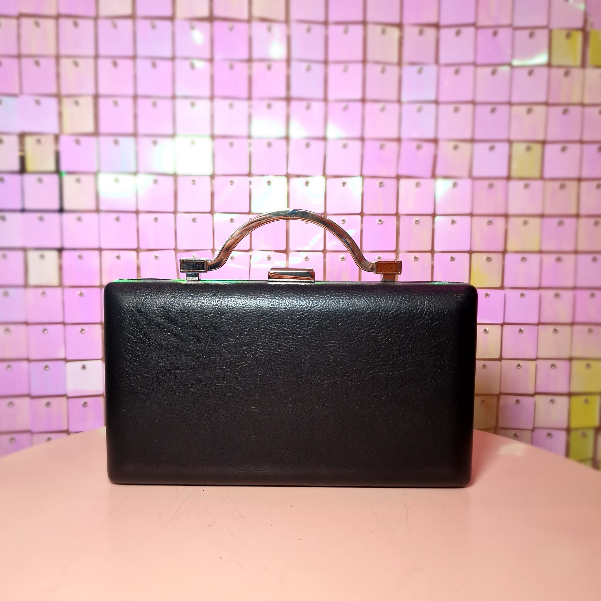 Imogen Matt Patent Black Clutch Bag With Chrome Handle