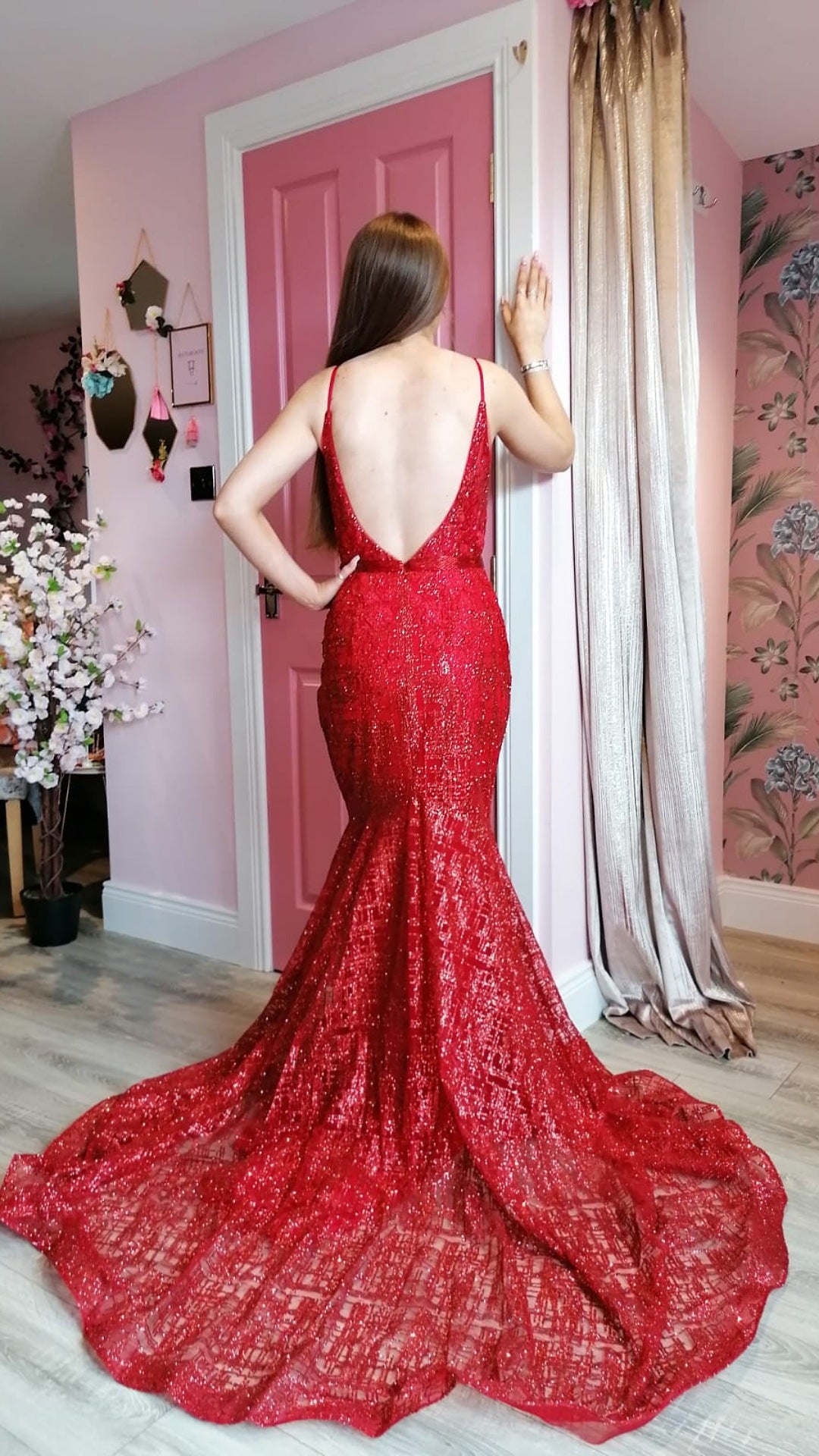 Rosie Red Skinny Strapped Backless Flowing Trail Formal Prom Dress