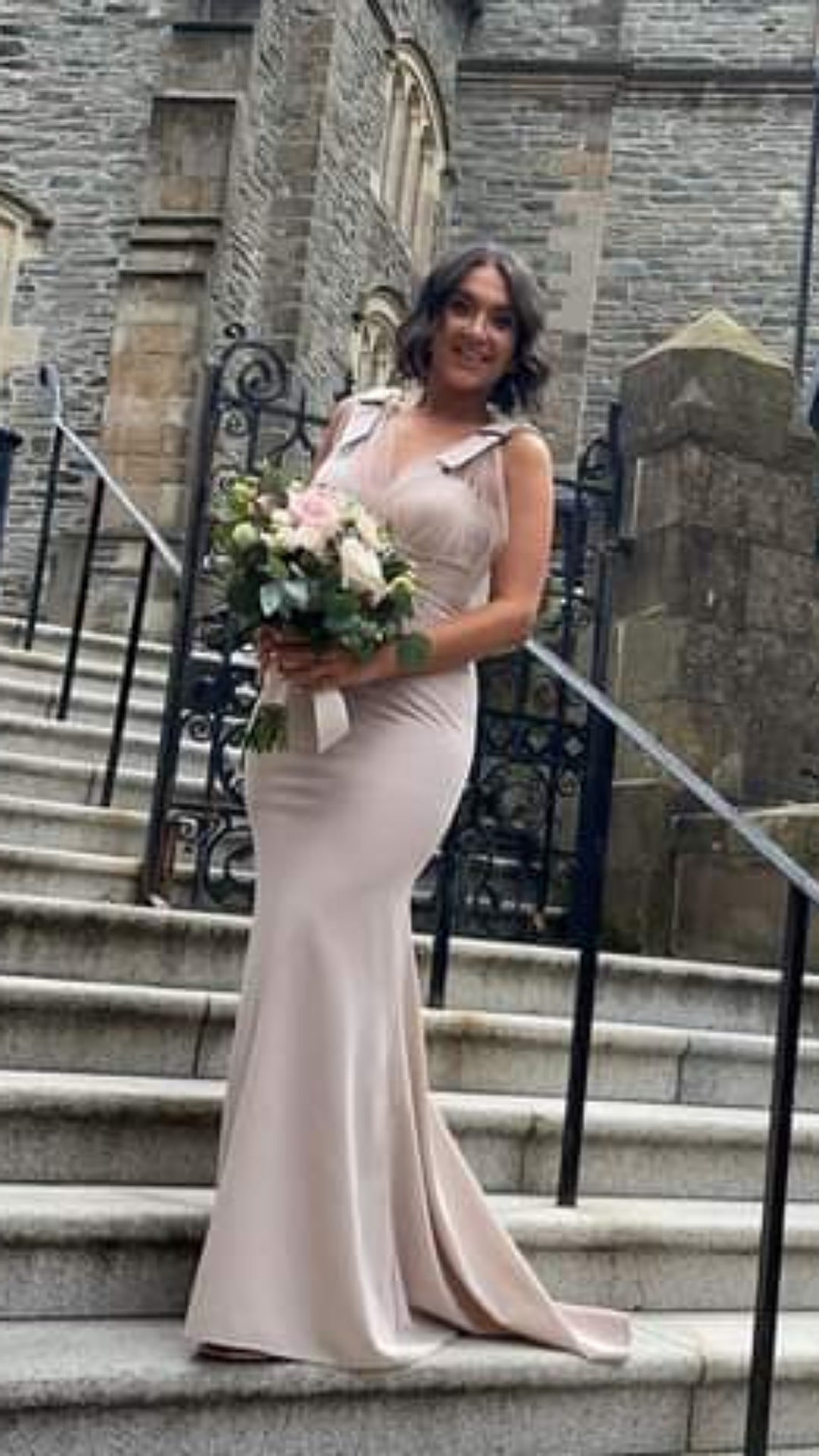 Jenn Champagne Stone Tulle Tie Shoulder Crepe Bridesmaids Dress