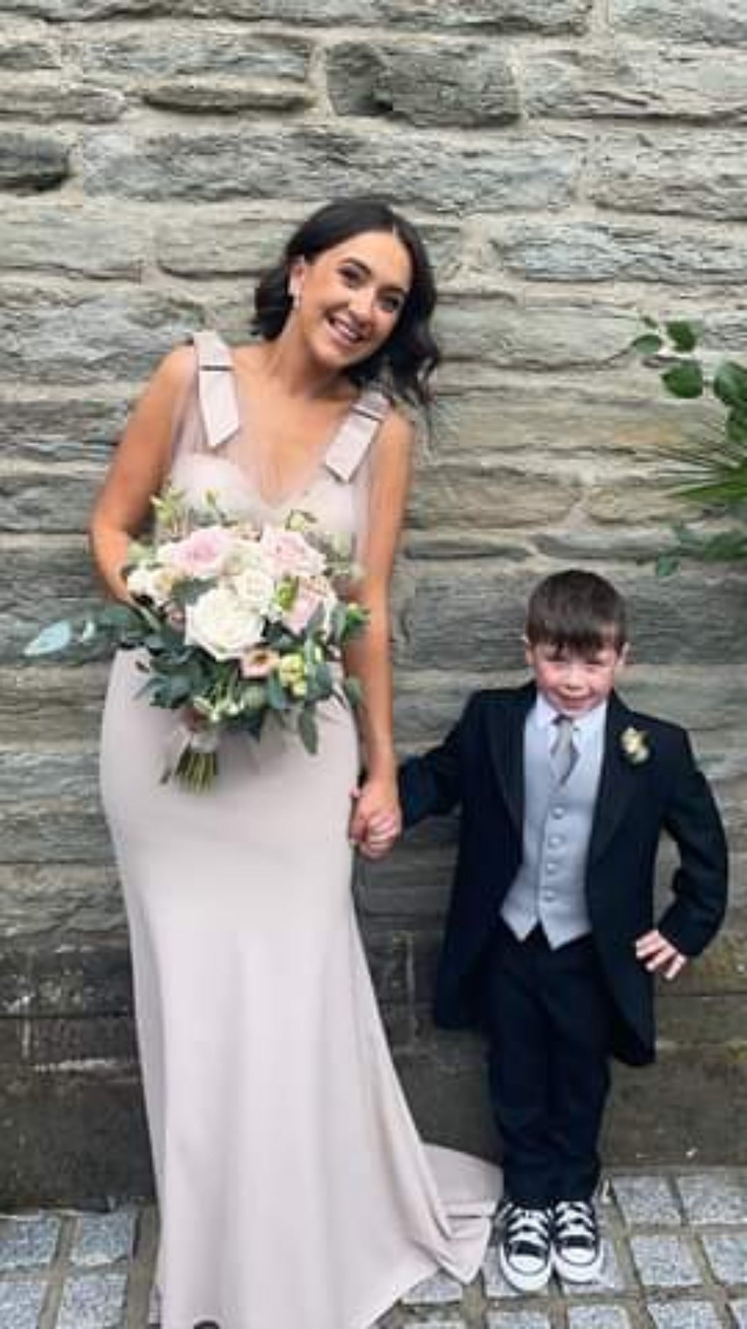 Jenn Champagne Stone Tulle Tie Shoulder Crepe Bridesmaids Dress