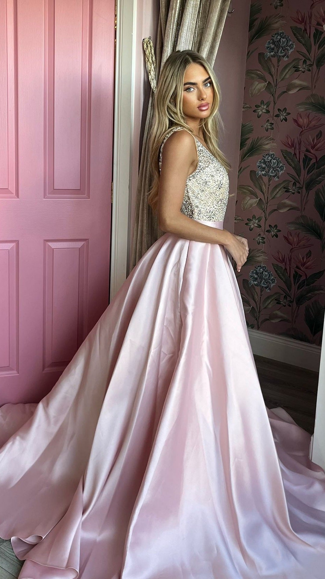 Charlotte Blush Pink Embellished Plunge Neck Silk Ballgown Formal Prom Dress