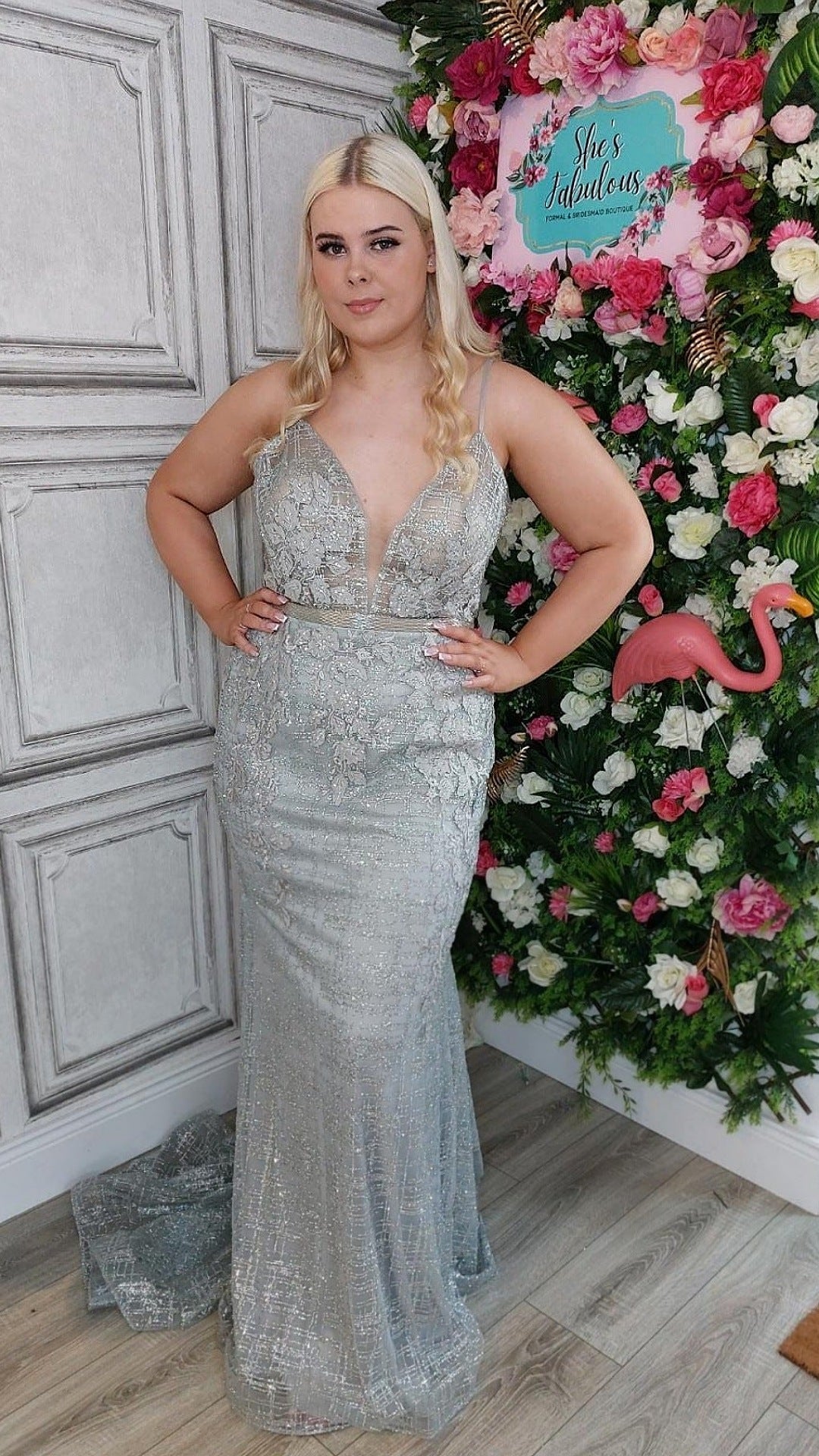 Rosie Silver Skinny Strapped Backless Flowing Trail Formal Prom Dress