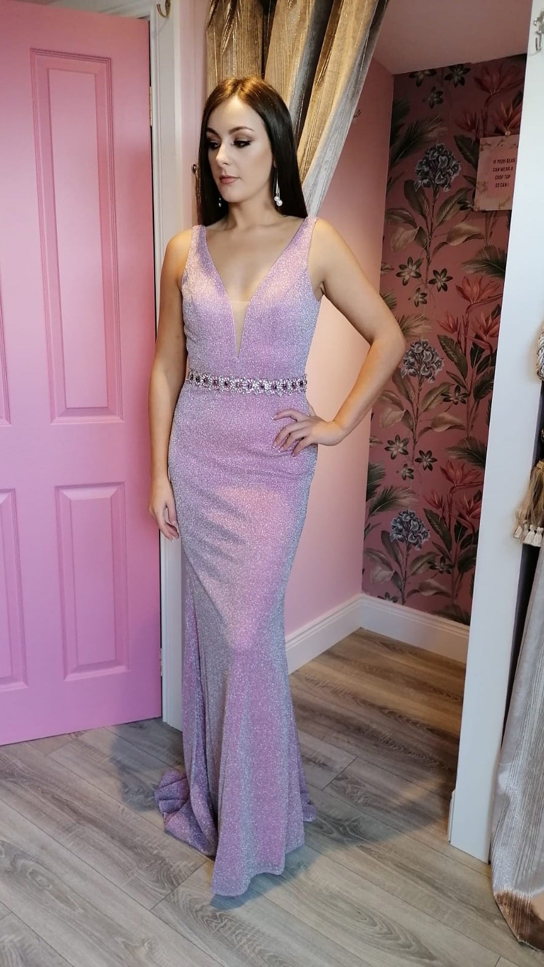 Leah Baby Pink Sparkly Glitter Metallic Formal Prom Dress