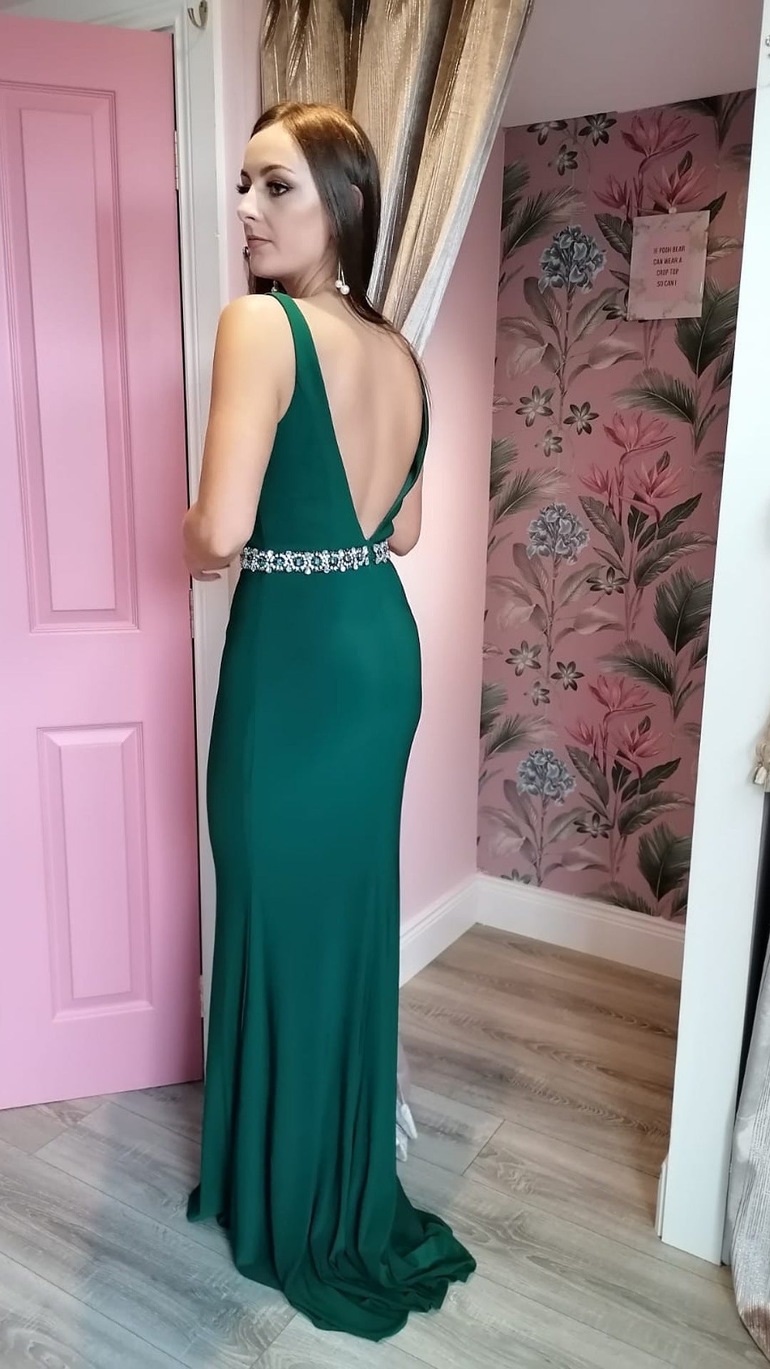 Leah Emerald Green Pearl Band Backless Bridesmaids Dress