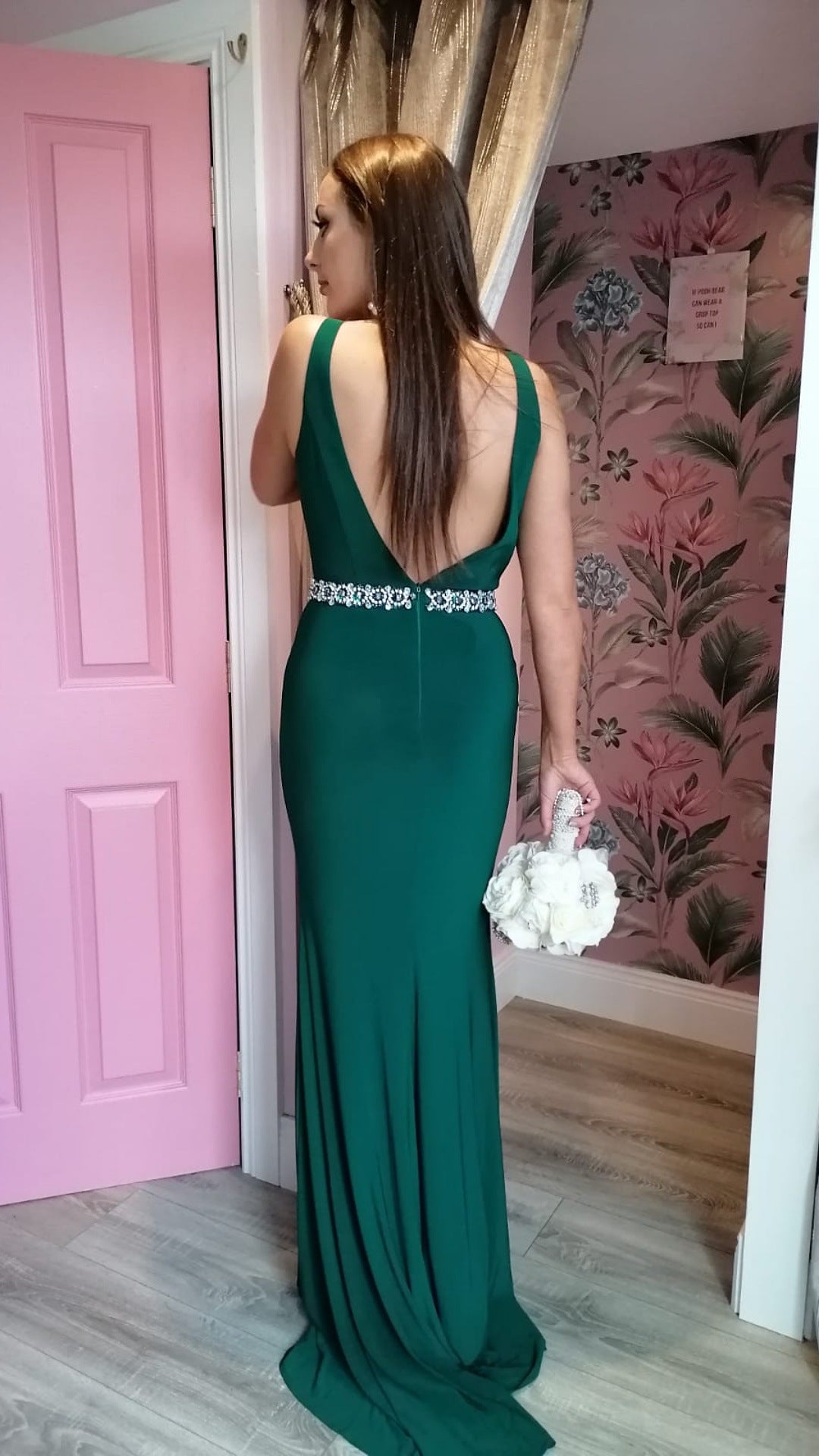 Leah Emerald Green Pearl Band Backless Bridesmaids Dress