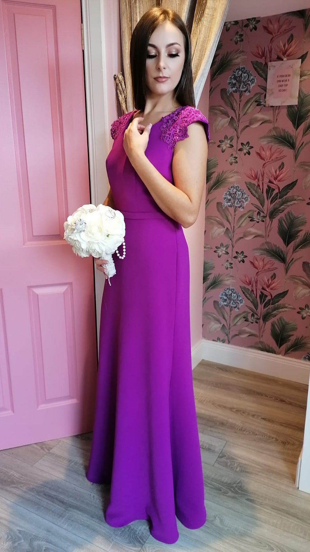 Caroline Magenta Purple V Neck Laced Shoulder Cap Bridesmaids Dress