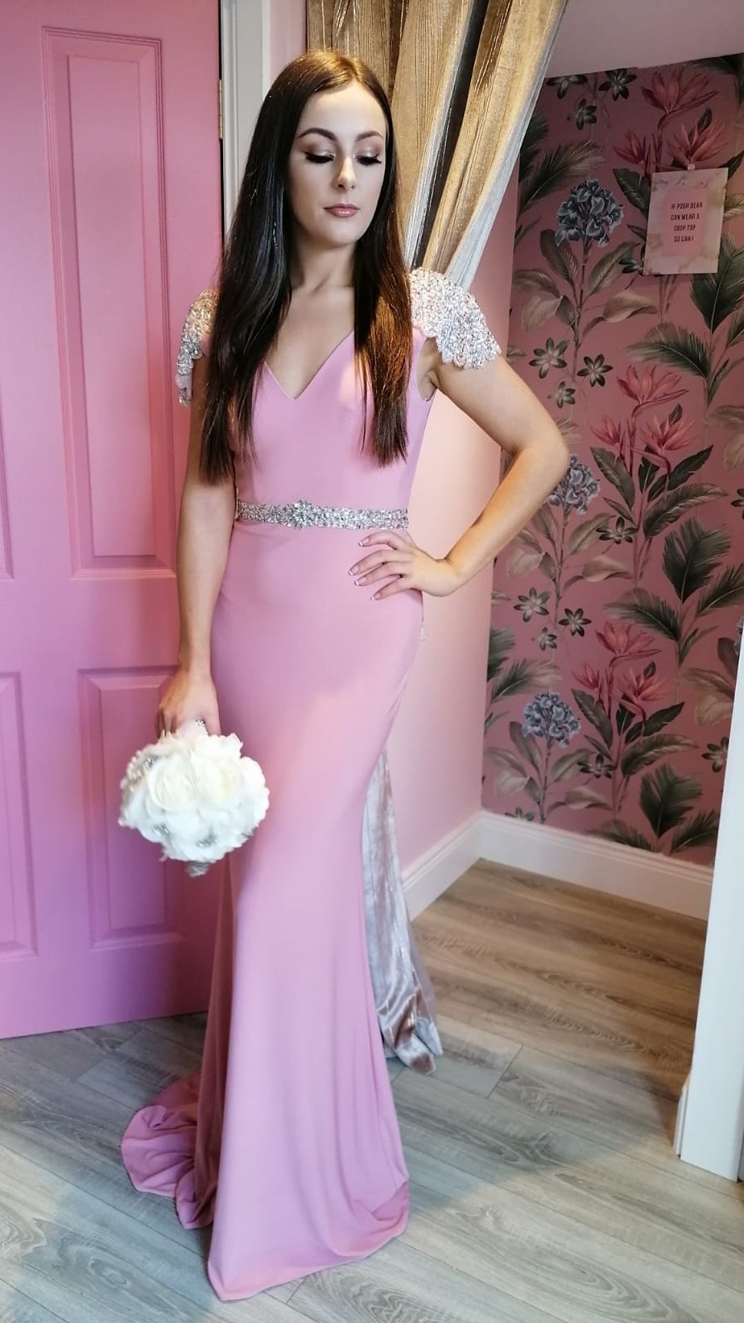 Sarah Pink V Neck Sequin Shoulder Cap Bridesmaids Dress