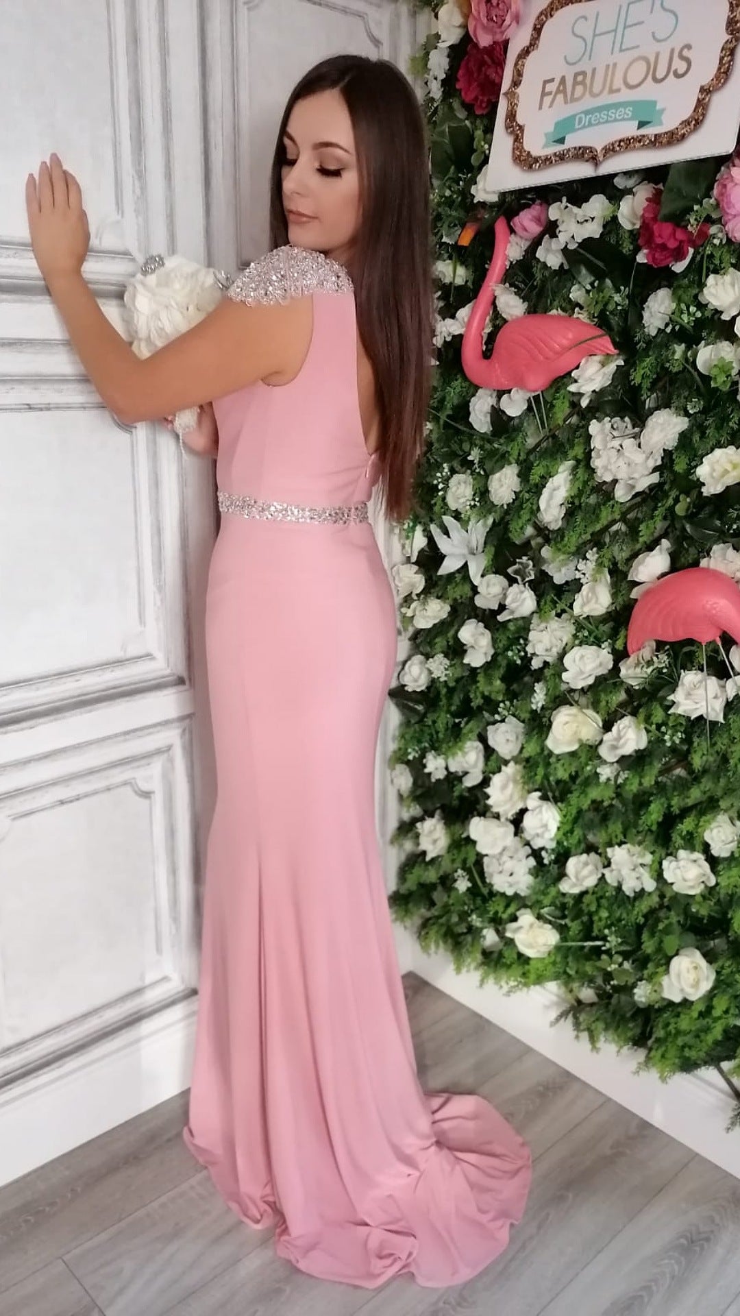 Sarah Pink V Neck Sequin Shoulder Cap Bridesmaids Dress