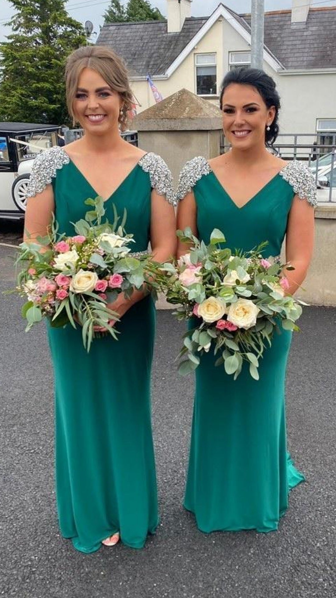 Sarah Green V Neck Sequin Shoulder Cap Bridesmaids Dress