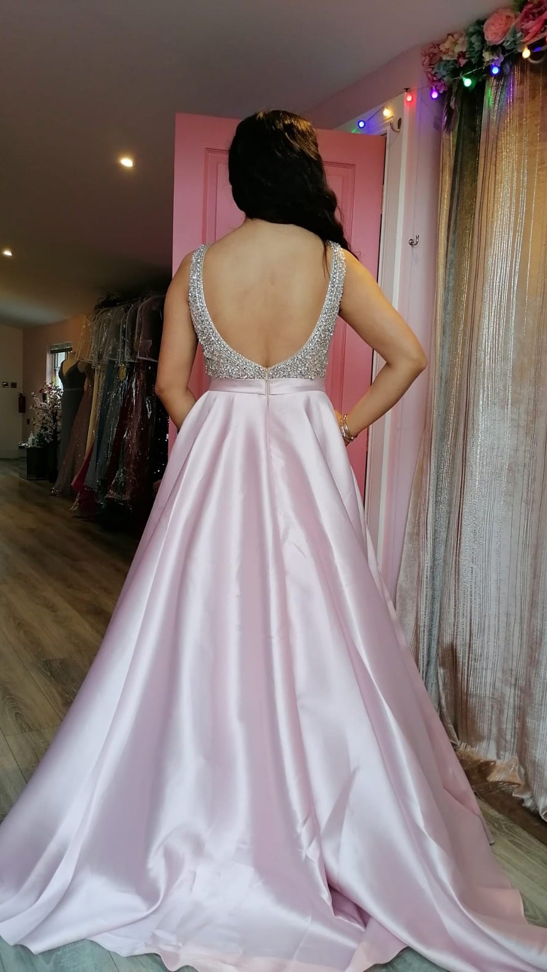 Charlotte Blush Pink Embellished Plunge Neck Silk Ballgown Formal Prom Dress