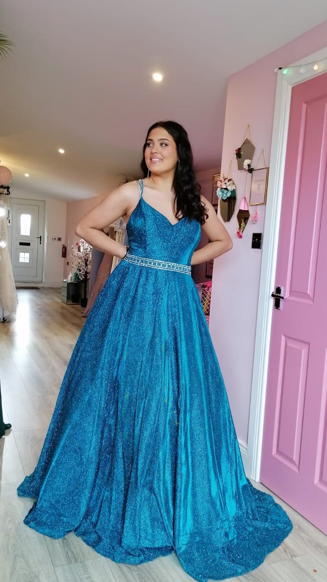 Alexa Blue Sparkle Skinny Strapped Ball gown Formal Prom Dress