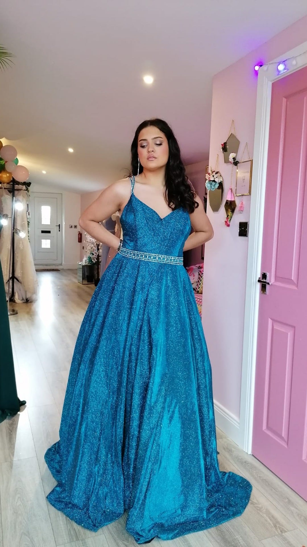 Alexa Blue Sparkle Skinny Strapped Ball gown Formal Prom Dress