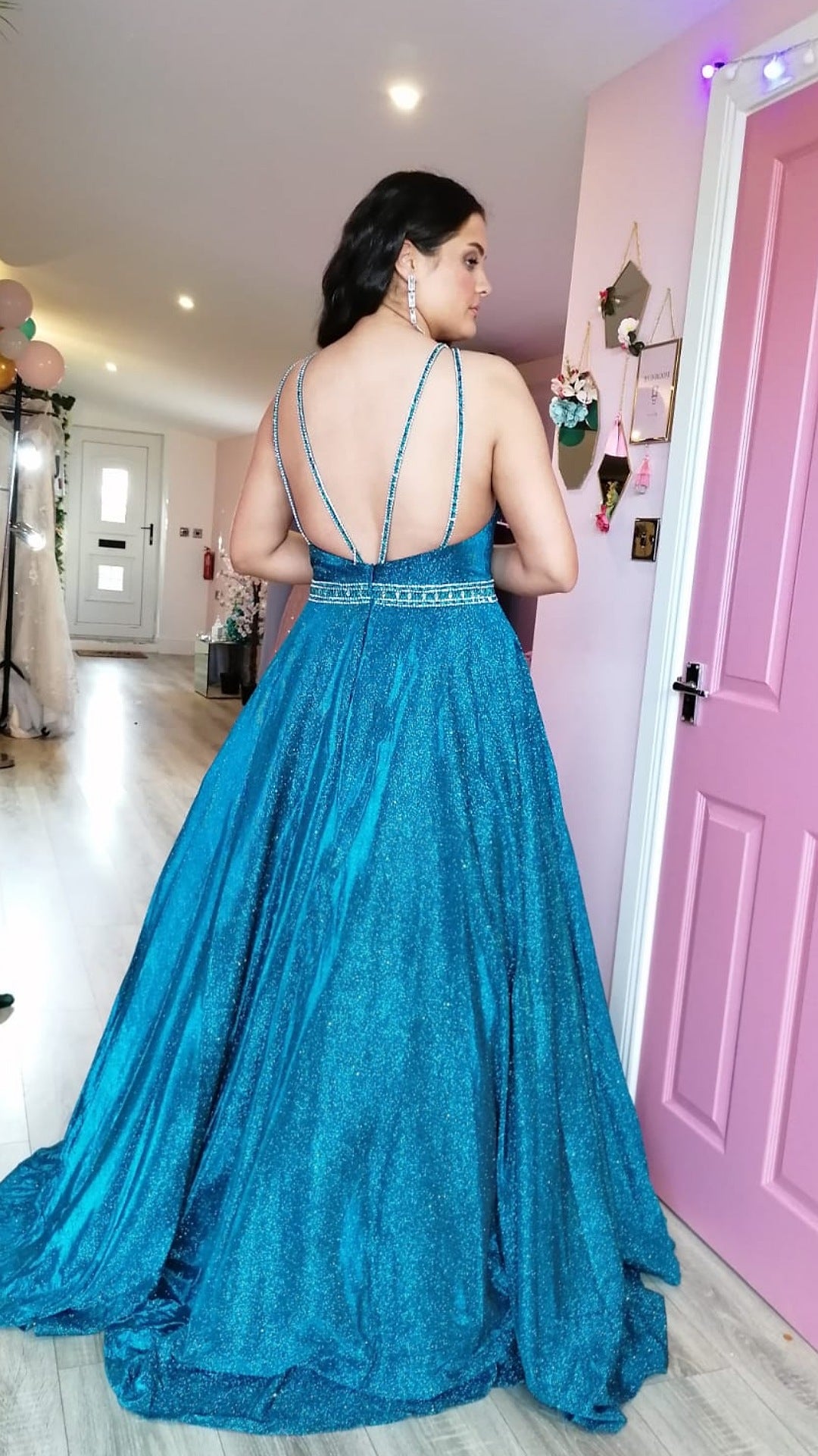 Alexa Blue Sparkle Skinny Strapped Ball gown Formal Prom Dress